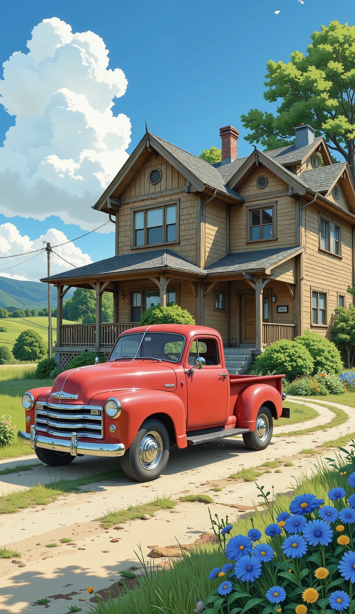 ( best quality,  masterpiece:1.2),  beautiful country house with a red truck in front of the house,  in the art of studio Ghibli , anime-manga art ,  elaborate details , chiaroscuro, cinematic lighting, UHD, Retina, masterpiece, Accurate,  anatomically correct , textured skin, Super detail, high details, high quality,  award winning , best quality, highres, 1080P, HD, 16K