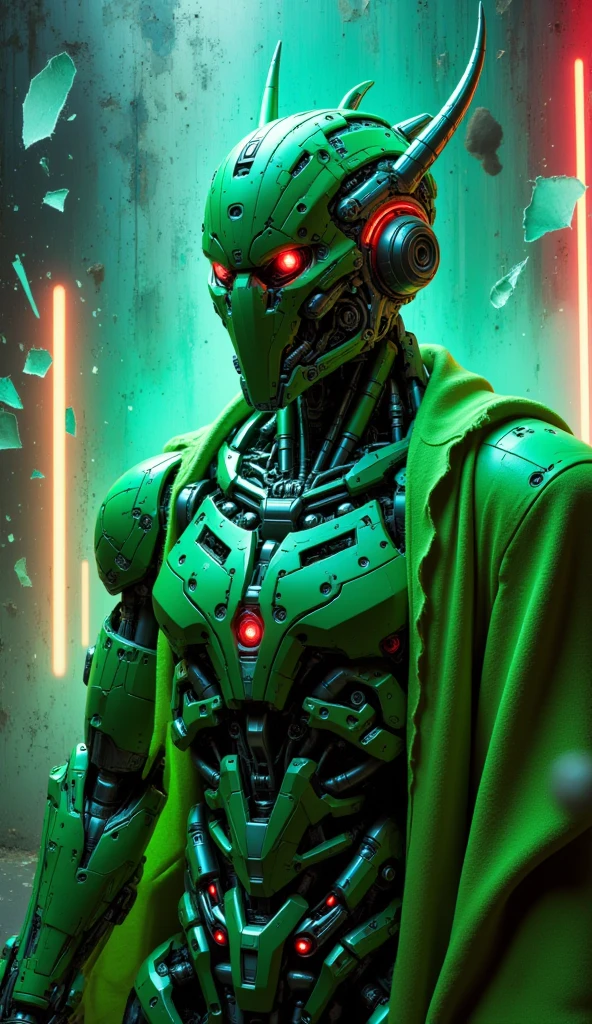 A portrait of a green ARob demon , robot, green broken neon shards background

