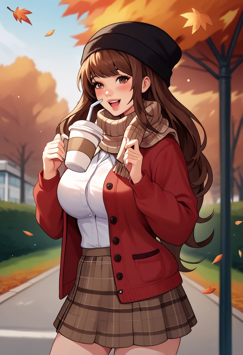 1girl, autumn leaves, bangs, black headwear, blurry background, blush, brown eyes, brown hair, brown scarf, brown skirt, cardigan, coffee, cowboy shot, cup, disposable cup, drink, falling leaves, beanie, holding, holding drink, leaf, long hair, long sleeves, looking at viewer, open cardigan, open mouth, plaid, plaid skirt, puffy long sleeves, red sweater, scarf, shirt, shirt tucked in, sidelocks, skirt, smile, solo, sweater, white shirt, extremely detailed, intricate, masterpiece, absurdres,bimbo