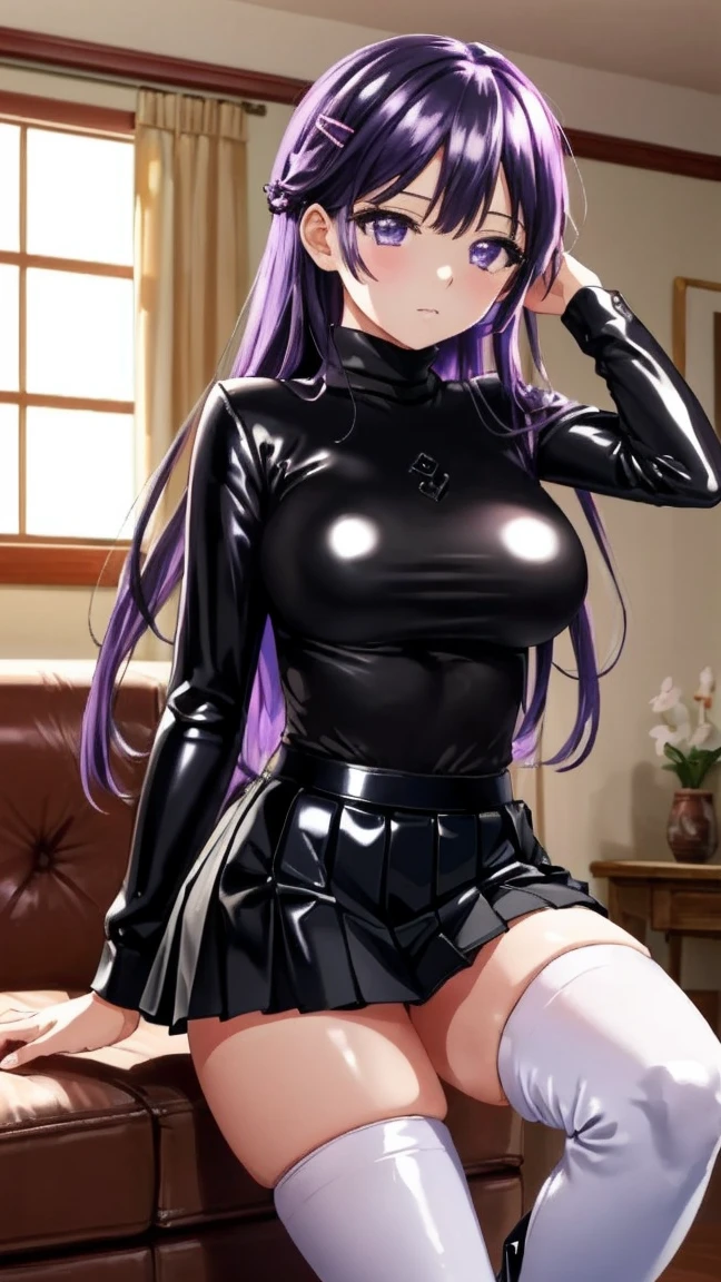 8k Masterpiece ,  color spots ,  high resolution,  very detailed face , detailed computer graphics, one,   girl , Chizuru-chan Kaihatsunikki, mature,  sexy ,  purple hair ,  long hair ,  hair clip ,   purple eyes,  ((black latex pleated skirt, (white turtleneck ), (black stockings), (black leather boots )),   large breasts ),  closed mouth , Fascinating dispassionality , With confidence,  enjoying , One, stylish pose, stylish corner,  looking at the viewer ,  in the center of the image ,  cowboy shot, lady in the living room. anatomy is correct,  perfect face,  perfect hair ,  perfect eyes ,  perfect body,  perfect breasts, perfect hands, flawless skin
