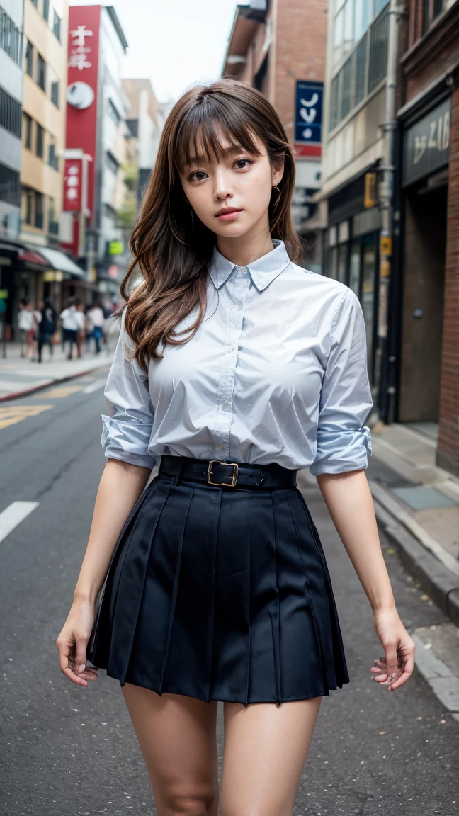 a beautiful 18 year old Japanese high school girl with perfect anatomy, healthy thighs, beautiful legs, beautiful skin, random hair color and style, large breasts, (wearing a Japanese schoolgirl uniform:1.3), (she is standing:1.2), penny loafers, holding a student bag, full body shot, standing on a city street, (best quality,4k,8k,highres,masterpiece:1.3),(extremely detailed:1.2), photorealistic, ultra-detailed, vivid colors, studio lighting, professional, Kyoko Fukada