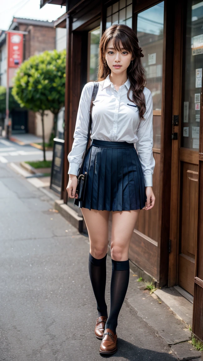 a beautiful 18 year old Japanese high school girl with perfect anatomy, healthy thighs, beautiful legs, beautiful skin, random hair color and style, large breasts, (wearing a Japanese schoolgirl uniform:1.3), (she is standing:1.2), penny loafers, holding a student bag, full body shot, standing on a city street, (best quality,4k,8k,highres,masterpiece:1.3),(extremely detailed:1.2), photorealistic, ultra-detailed, vivid colors, studio lighting, professional, Kyoko Fukada