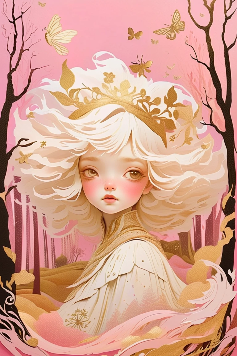 Layered photo montage, horror, gold on pink background, scraps of paper, cracking honey, intricate shaggy hair, forest, fairy tale, swirls, pastel colors