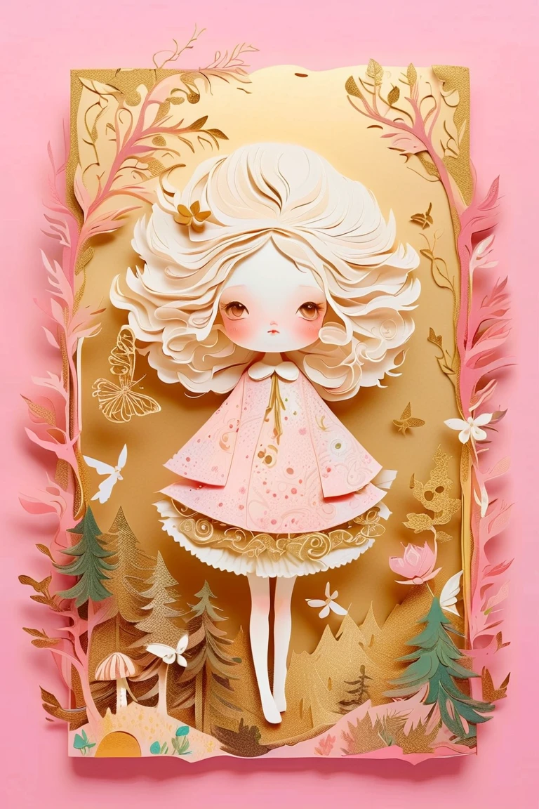 Layered photo montage, horror, gold on pink background, scraps of paper, cracking honey, intricate shaggy hair, forest, fairy tale, swirls, pastel colors