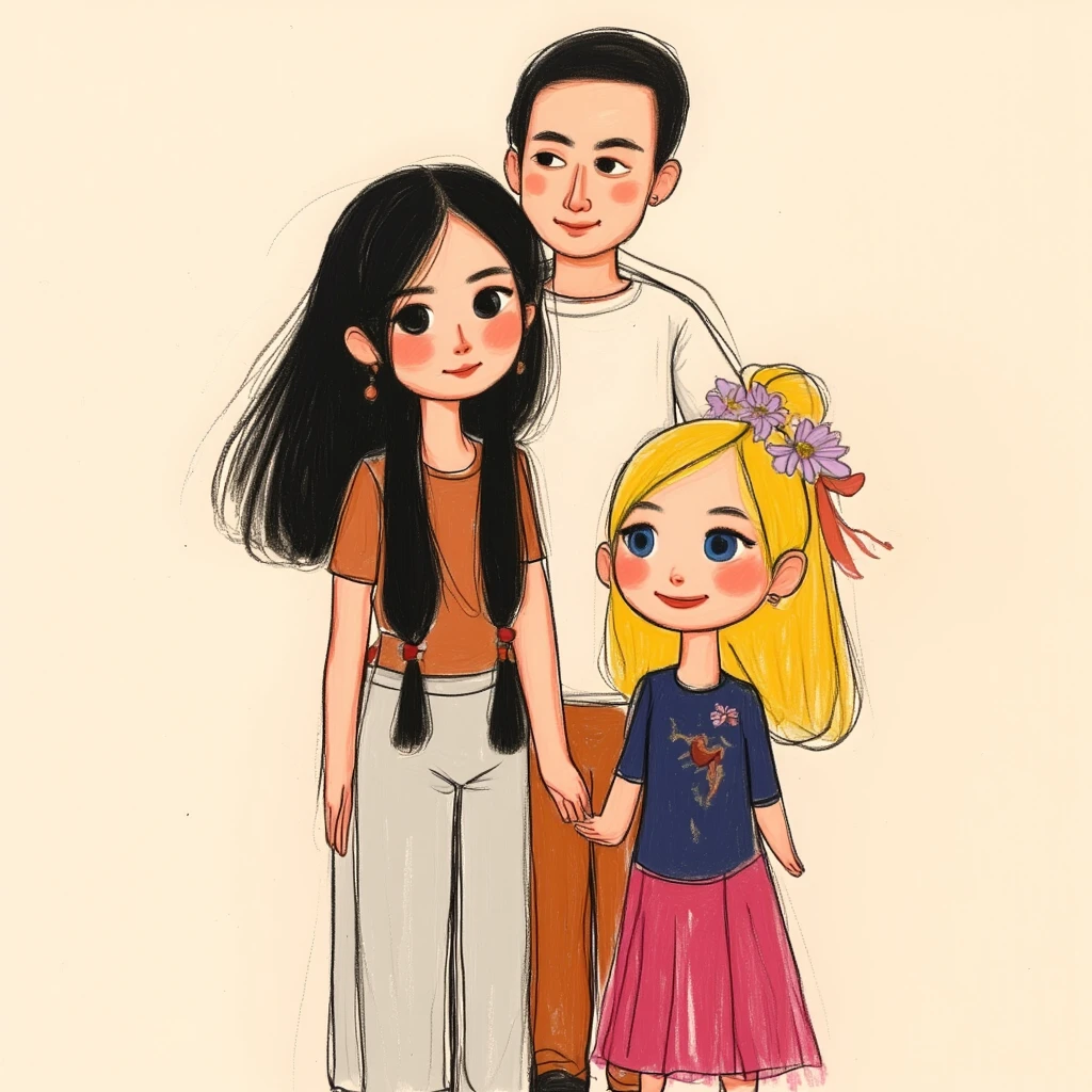  drawing made by a girl, a happy family, a father and his two daughters 