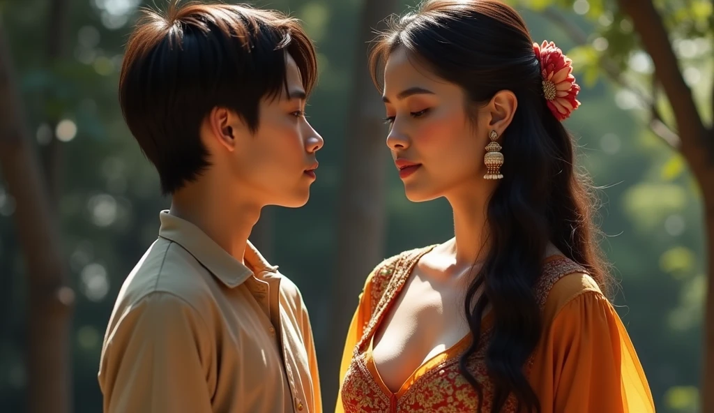 cinematic still, A shot of newly married Thai-Burmese couple,highly detailed skin with hair , emotional, harmonious, vignette, 4k epic detailed, shot on kodak, 35mm photo, sharp focus, high budget, cinemascope, moody, epic, gorgeous, film grain, grainy,