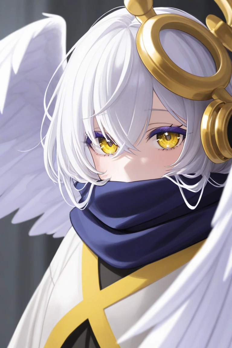 Women, messy short white hair,  blue and yellow eyes , dark purple eyelashes ,  large white wings , dark blue scarf that covers your mouth,  brass lenses on your head , Flying through the air 