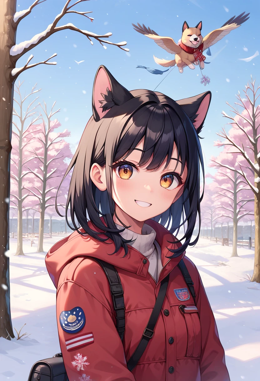 ， girl with dog ears，           black hair，       black ear       ，  winter，smile，fun，       upper body， January， battledore，Kite flying，New Year's play    ，Anime Images