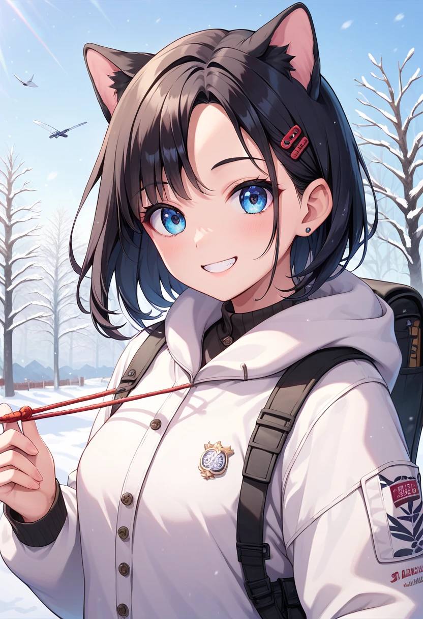 ， girl with dog ears，           black hair，       black ear       ，  winter，smile，fun，       upper body， January， battledore，Kite flying，New Year's play    ，Anime Images