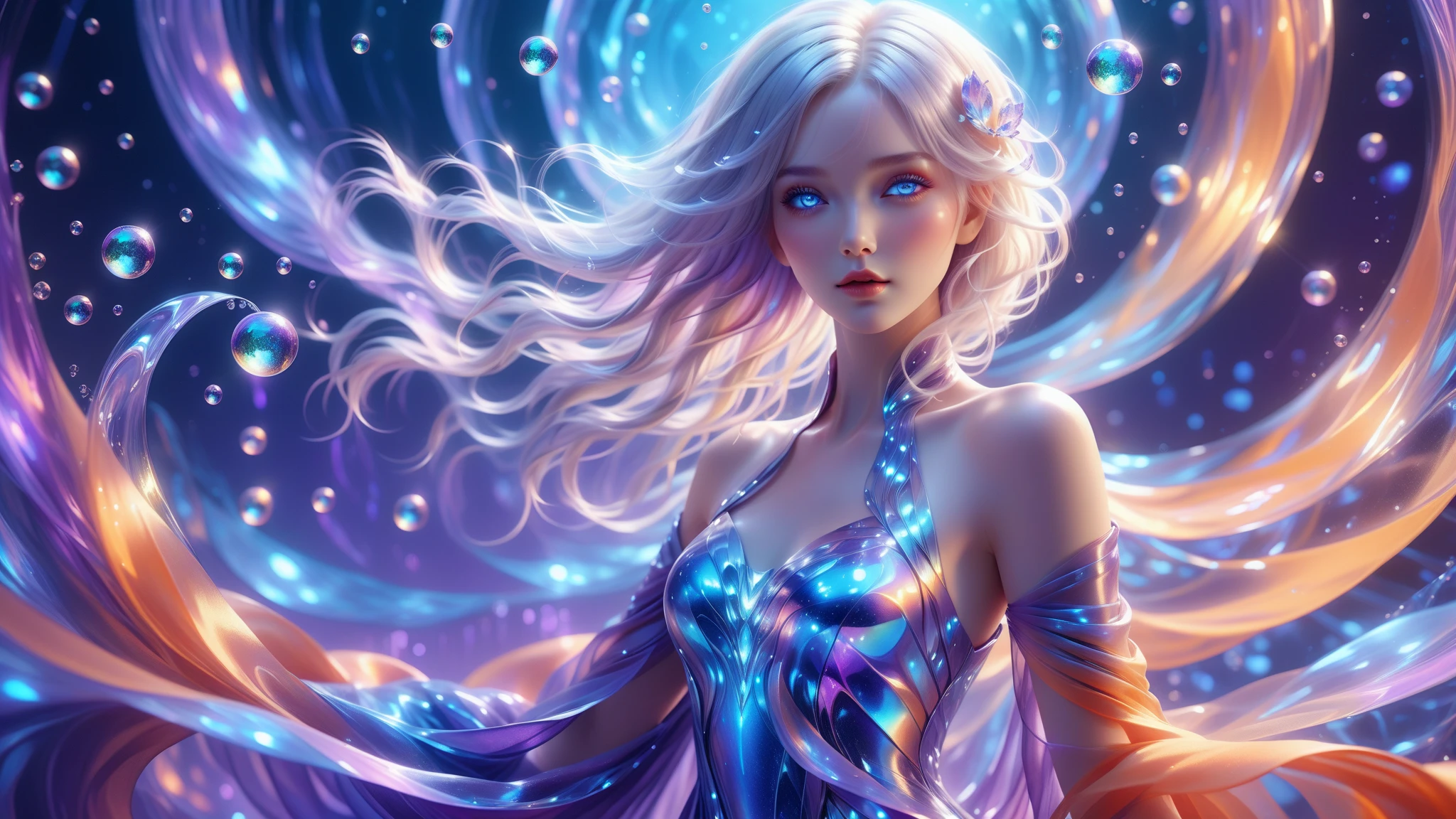 Romantic, Ultra HD, Attractive, Ethereal, Elegant, 1Girl, solo,milf, Beautiful, Flawless, Angelic, Soft Liquid Rainbow Smoke Background, Wind, Fractal Neon Antimatter Finishes, Very Detailed, Trends on Artstation, Clear Focus, Studio Photos, Intricate Details, Very Detailed, by Artgerm, Thomas Kinkade, Anna Dittmann, Gerhard Richter