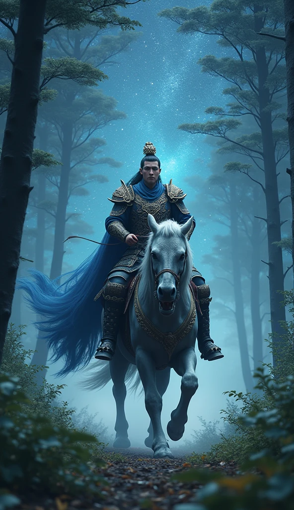 ((masterpiece,  top quality,  highest image quality ,  high-resolution ,  Ultra Realistic ,  original photo,  extremely detailed unified CG 8K wallpaper)), Chi You rides an Iron Eater in the pristine forest，The vast starry sky，Wearing armor