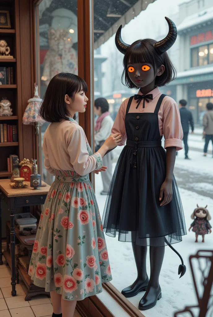 ultra-realistic, photorealistic, dramatic scene, shadow, global-illumination, solo, (20 years old beautiful Japanese girl), very beautiful fragile Japanese girl, very beautiful with very cute face, (Department store clerk, detailed face skin texture), (wearing a clerk's uniform with frills), hat, simple black pumps, She is in a show window facing the street and dressing a large cute anime-devil mannequin, a cute devil mannequin\(dark black devil, very cute, big eyes, large circle eyes, black skin, evil smile, orange eyes, vivid orange eyes, dark black skin, looking down, wearing pastel colored gorgeous antique princess dress\(big, long, Tattered\), full body, standing in the display window\), there are Japanese traditional kimonos and Japanese traditional antique furnishings are displayed in the display window, Shoppers passing by on the street, in winter, snowing