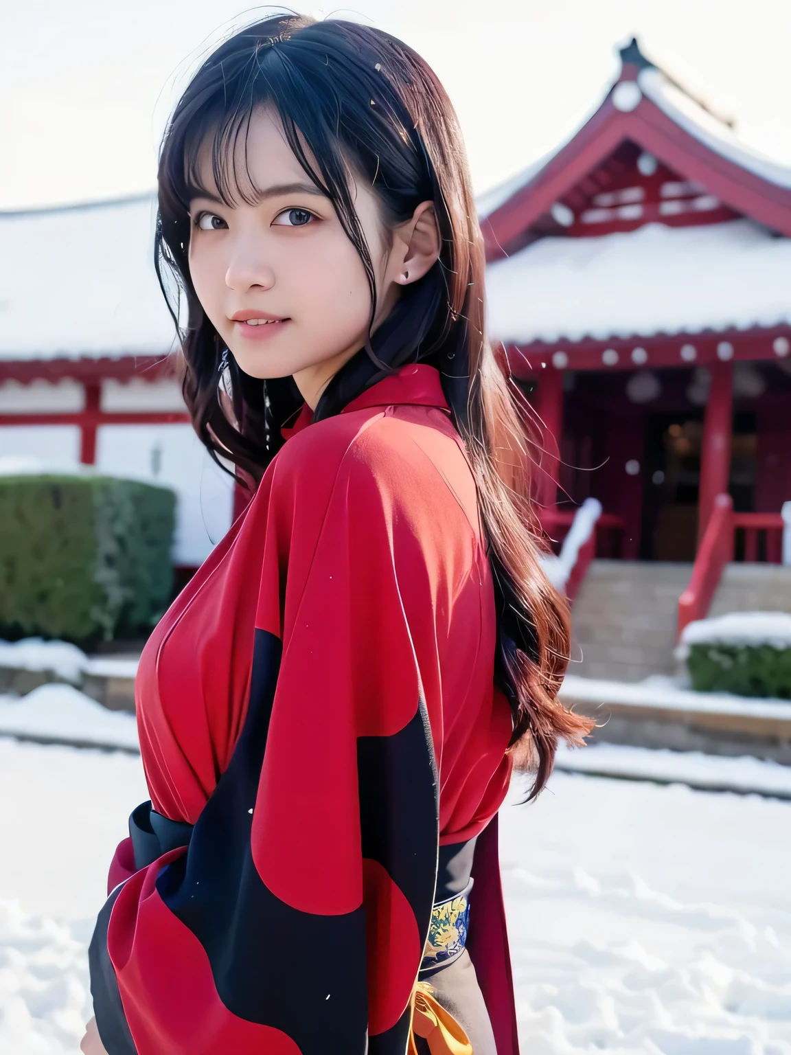 A breathtakingly beautiful 20-year-old woman with a slender physique, dressed in an elegant and luxurious black and red kimono suitable for the Japanese New Year. The background showcases a serene sunrise on New Year's Day, with a traditional Japanese shrine, snow-covered grounds, and vibrant red camellias in full bloom. The scene captures a harmonious blend of traditional beauty and the peaceful atmosphere of a snowy New Year's morning. smiles gently, FRIENDLY. smiles gently, FRIENDLY. ( RAW photos ,  top quality ), ( realistic , photo- realistic :1.4), masterpiece,  extremely delicate and beautiful,  extremely detailed, 2k wallpaper,  amazing on the beach, Detailed description,  extremely detailed CG unity 8k wallpaper,  ULTRA DETAIL,  high res, Soft light,  beautiful detailed girl looking back,  extremely detailed eyes and face,  beautiful detailed nose,  beautiful detailed eyes, cinematic lighting, Perfect Anatomy, slender body.