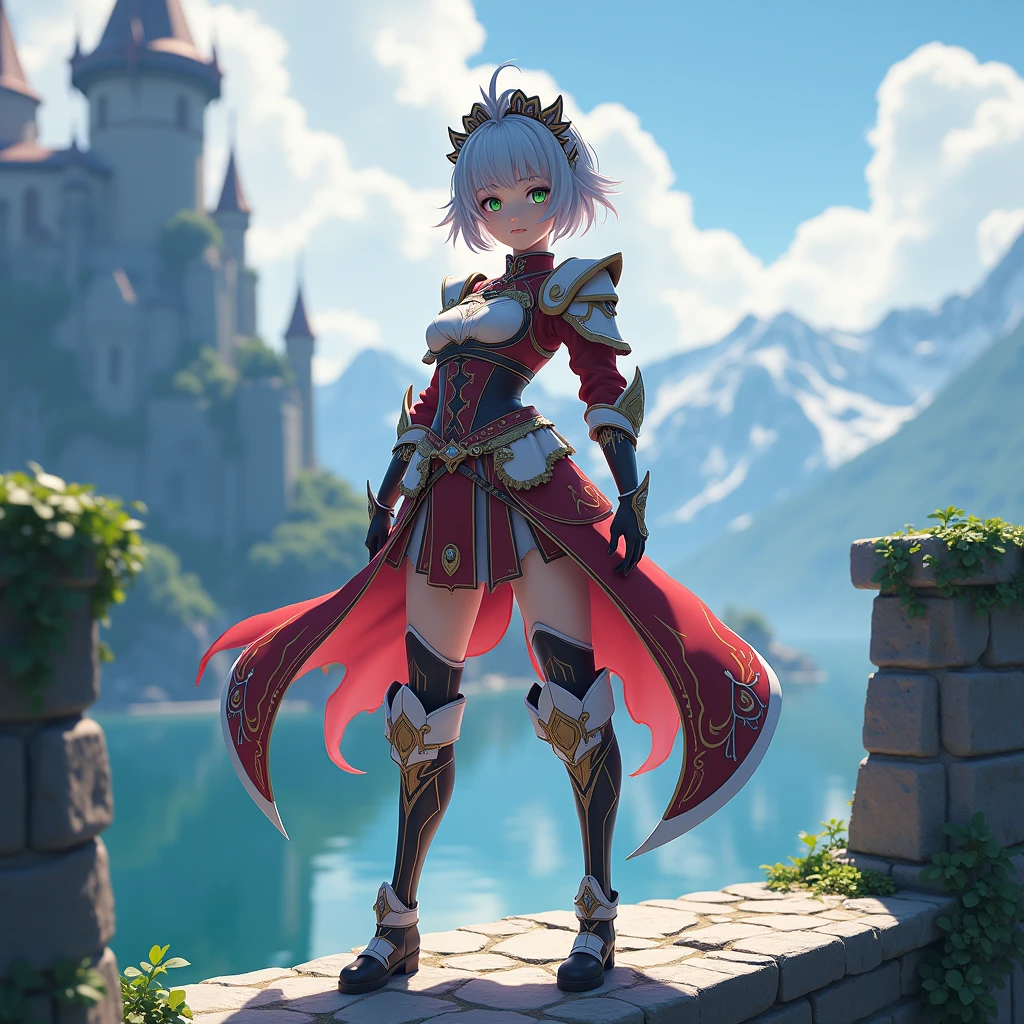 A beautiful young girl in a combat pose, Noel from Genshin Impact, with short silver hair, green eyes, and a red-accented maid skirt, a maid knight in armor, standing on a castle bridge overlooking a body of water, (best quality,4k,8k,highres,masterpiece:1.2),ultra-detailed,(realistic,photorealistic,photo-realistic:1.37), incredibly detailed portrait, intricate maid knight armor, highly detailed water, extremely detailed castle bridge, dramatic lighting, vibrant colors, cinematic composition