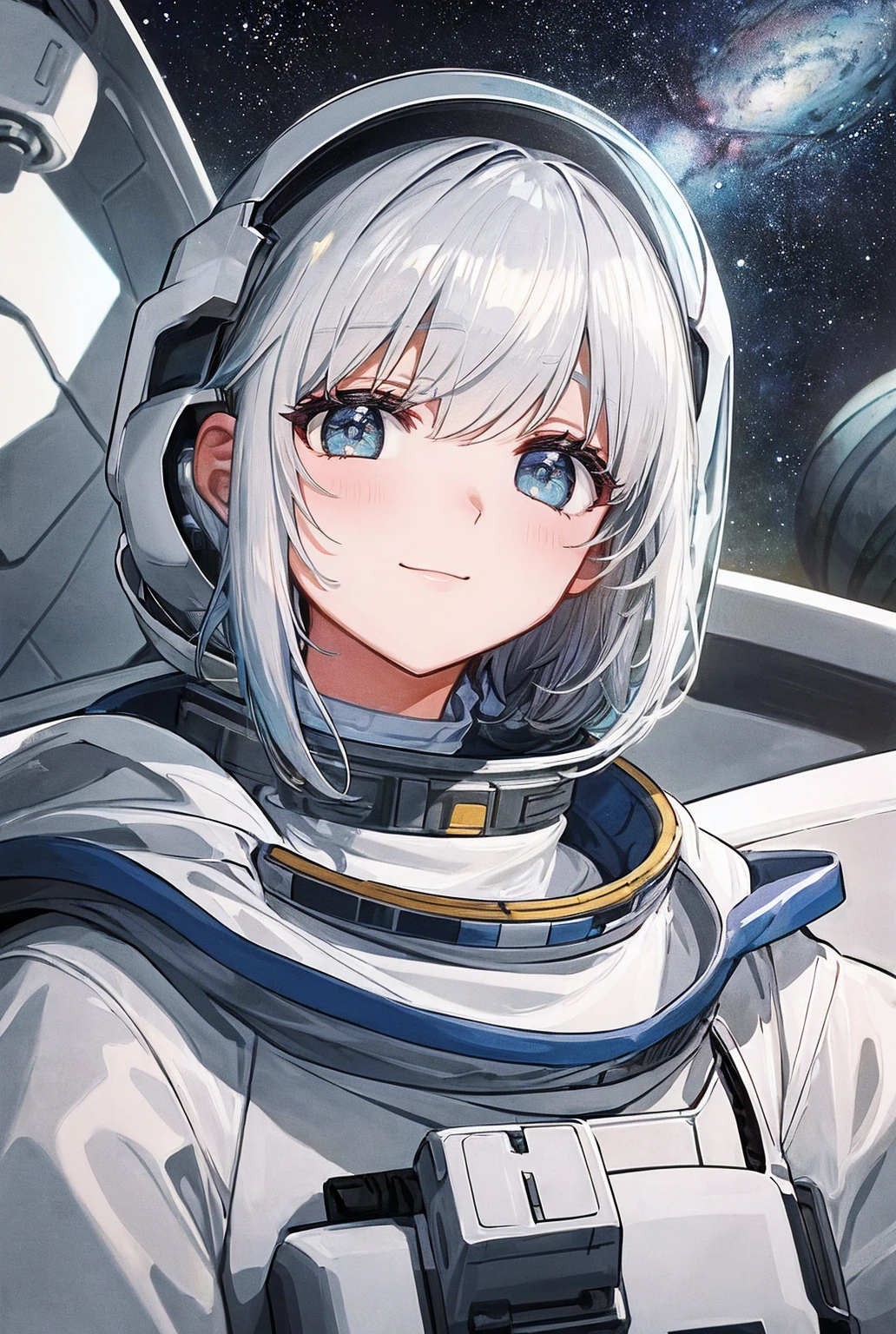  close up of a better masterpiece：1.5)0.9]、(Space and astronauts：1.2) (Disheveled silver hair：1.1) (Heterochromia and Yellow and Blue Eyes：1.2) ( space helmet：1.0) (Colored stars in the eyes：1.0) (Shining Light：1.1) (Thick lips：0.9)