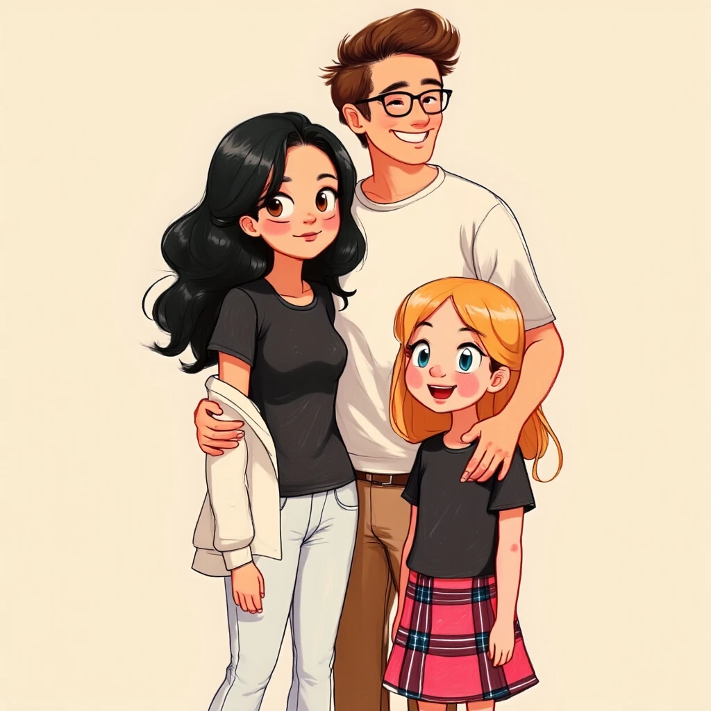 drawing made by a girl, a happy family, a father and his two daughters 