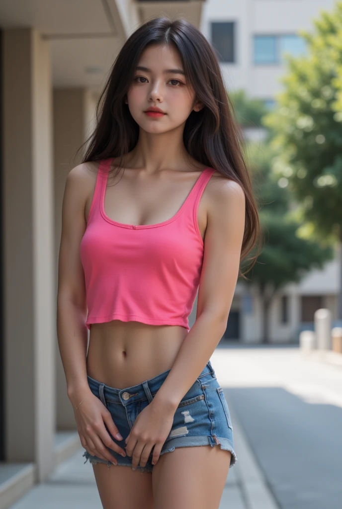  An Alafif woman wearing a pink top and denim shorts is standing in front of a building, brown hair and a  perfect body,  in street attire in bra and shorts ,  beautiful body and face ,  perfect body, flat torso ,  Sophie Mudd Portrait ,  young and sweet girl ,  sexy girls, 2,  girl model ,  sexy girls wearing shorts,  perfect body and face, Nice young girl