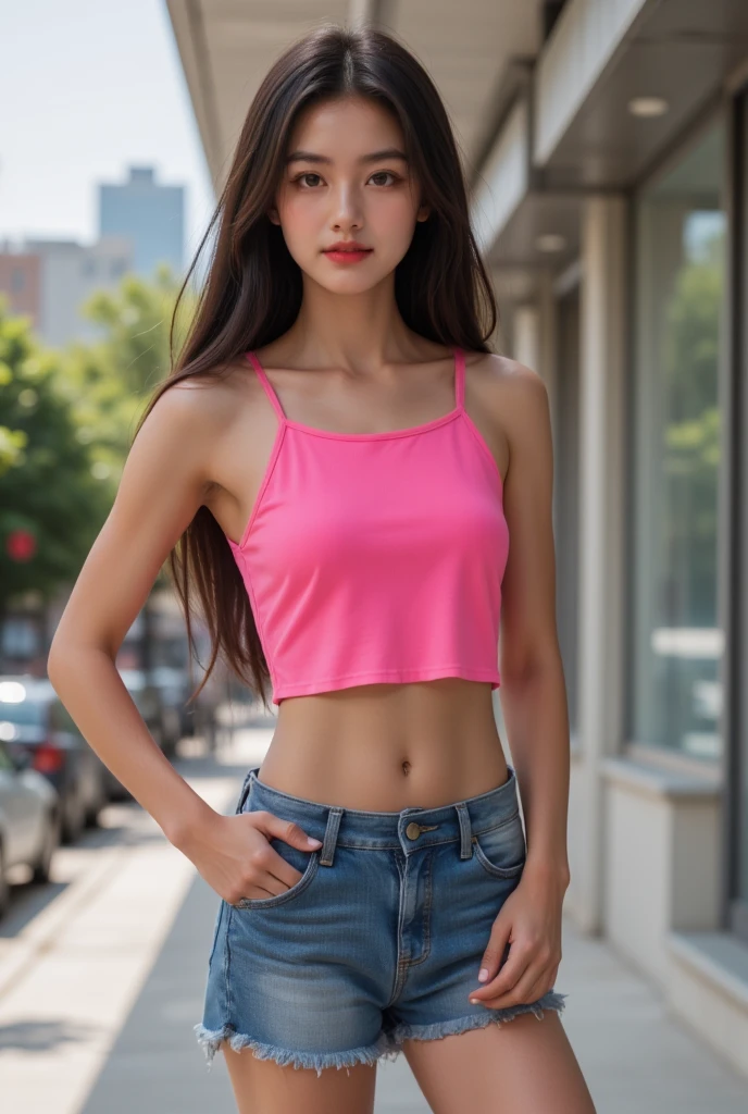  An Alafif woman wearing a pink top and denim shorts is standing in front of a building, brown hair and a  perfect body,  in street attire in bra and shorts ,  beautiful body and face ,  perfect body, flat torso ,  Sophie Mudd Portrait ,  young and sweet girl ,  sexy girls, 2,  girl model ,  sexy girls wearing shorts,  perfect body and face, Nice young girl