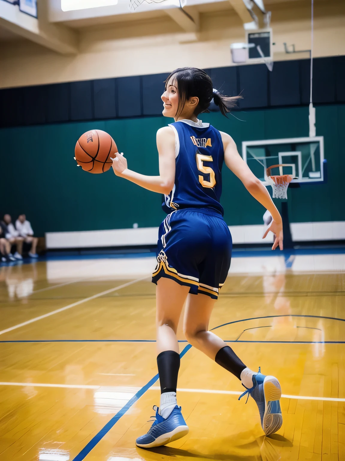 A young female basketball player executing a dynamic jump shot with precision and grace. The basketball is held firmly in both hands as she aims for the hoop, her form exuding confidence and mastery. Her slim-fit basketball uniform highlights her athletic build, while black high socks and matching sneakers provide a sleek and modern look. Her neatly braided black hair arcs through the air as she leaps, with her intense black eyes fixed firmly on the goal. The polished wooden floor of the brightly lit gymnasium reflects the action, emphasizing the energy, elegance, and competitive spirit of the moment. smiles gently, FRIENDLY. ( RAW photos , top quality ), ( realistic , photo- realistic :1.4), masterpiece, extremely delicate and beautiful, extremely detailed, 2k wallpaper, amazing on the beach, Detailed description, extremely detailed CG unity 8k wallpaper, ULTRA DETAIL, high res, Soft light, beautiful detailed girl looking back, extremely detailed eyes and face, beautiful detailed nose, beautiful detailed eyes, cinematic lighting, Perfect Anatomy, slender body.