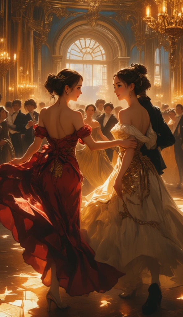 Animation, painterly, theme is "backless dress", beautiful women in backless evening dresses dancing ballroom dance in pairs with men, the flower of European society in the 1800s, sophisticated design, advanced lighting technology, 8K quality