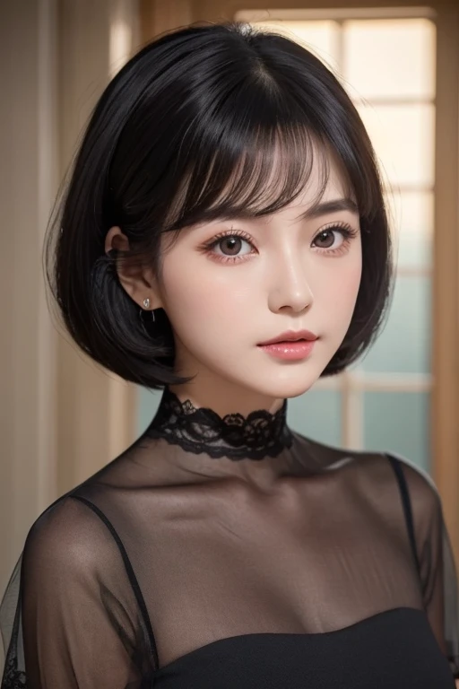   black hair,    vintage  ,   feminine, 8k, masterpiece,top quality , Excellent details) , (  high chroma, Best Shadow, The best light, Very delicate bleaching) Dark style