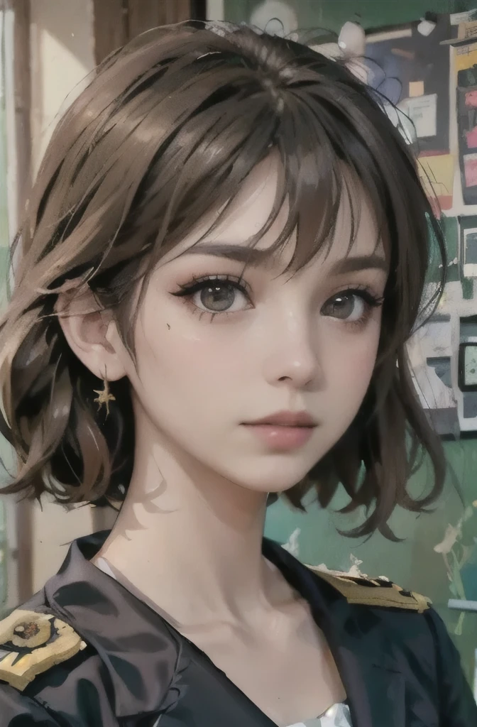 Anime girl with brown hair and black jacket looking at camera - SeaArt AI
