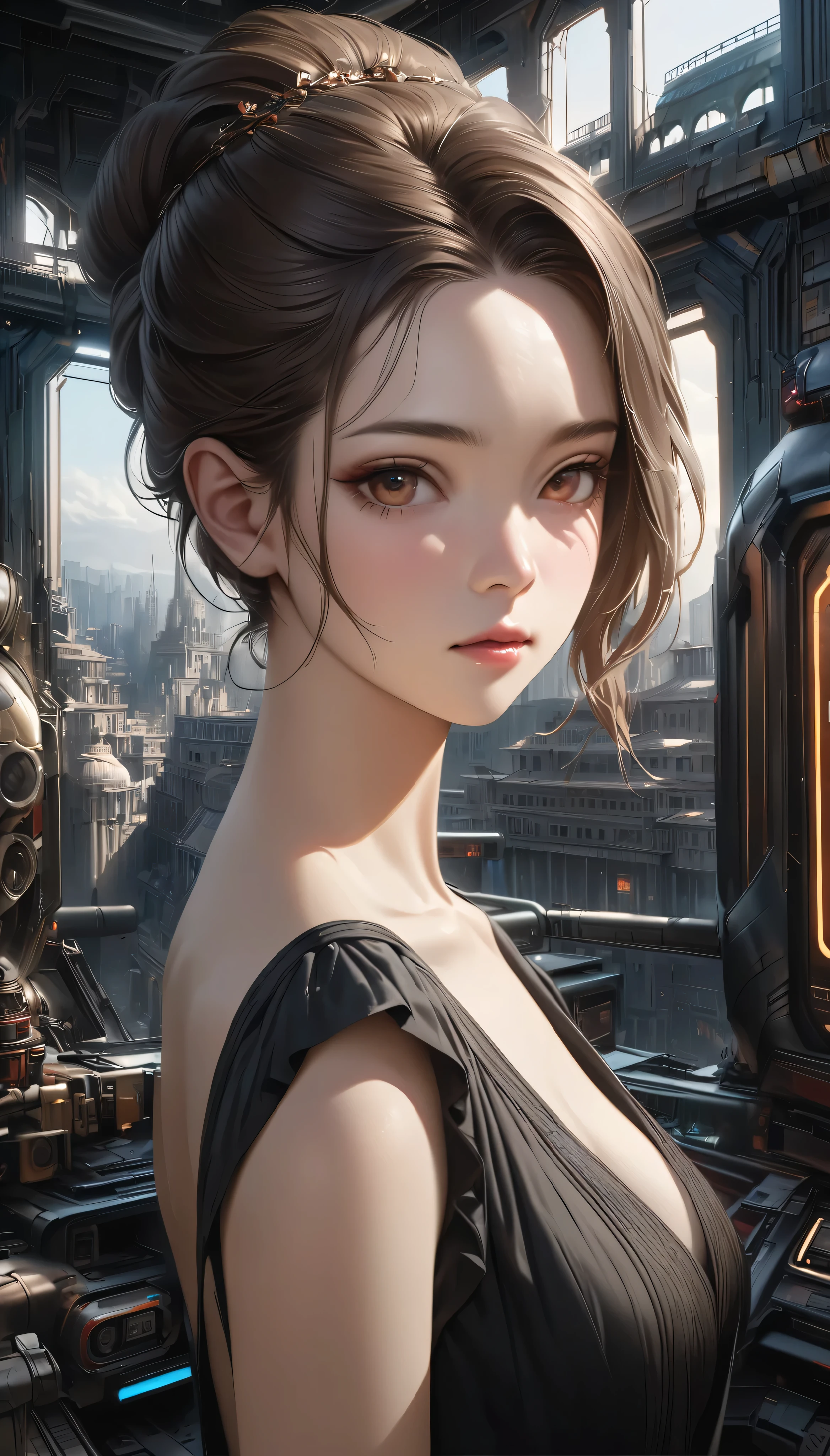 Realistic portraits,  8K Portrait Rendering , Realistic face 、 Black Dress with Empty Back ,  cyberpunk art ultra realistic 8k , hyper-realistic realistic digital art 4K, Realistic digital art invited to a lavishly decorated palace。