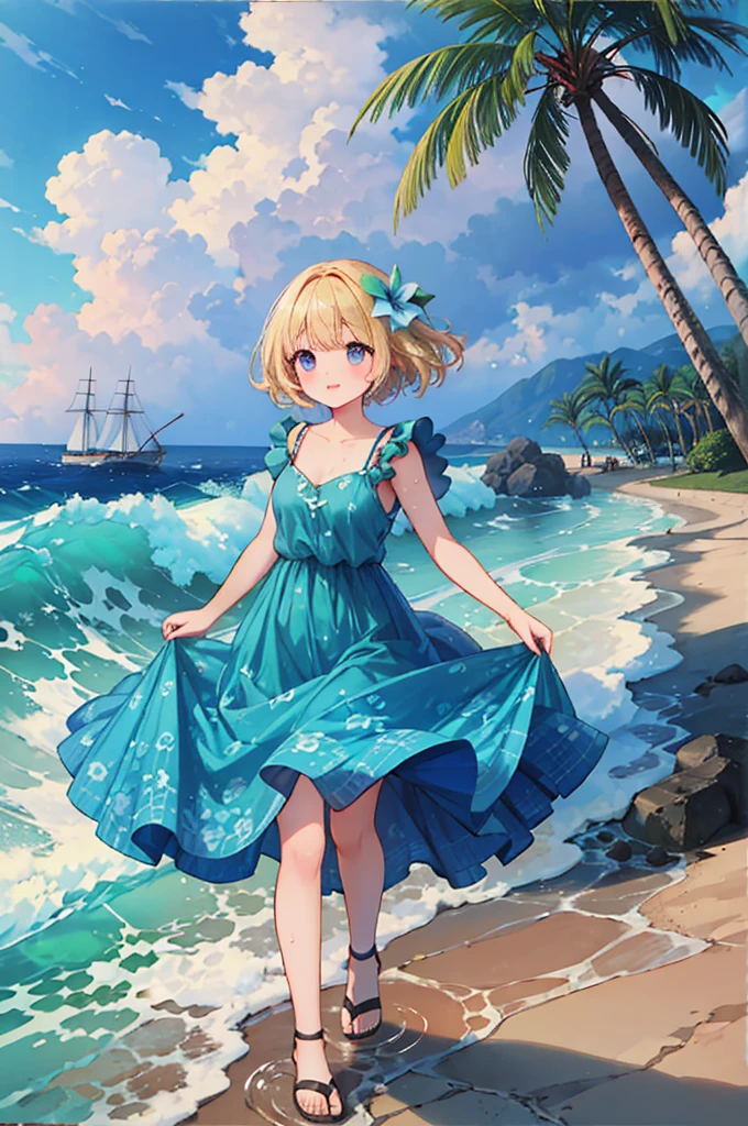 (8k,  super high quality , masterpiece:1.2),  super high res,  one woman,  cute,  small breasts,  blondes, Navy Blue Dress, Red floral pattern, Sandals, Hawaiian Dress, whole body, soaked,  like a ,  best smile , sea, sea水浴, Water Drop, whole bodyにWater Drop,  their chest is soaked in water , Lots of water,  playing in the water, 