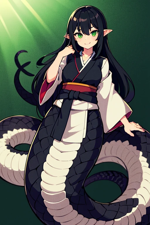 One woman, masterpiece, top quality, fair skin, black hair, blonde hair, long hair, blue eyes, red pupils, snake, plain white kosode, black haori, black scales, wearing a red obi, anime, black background
