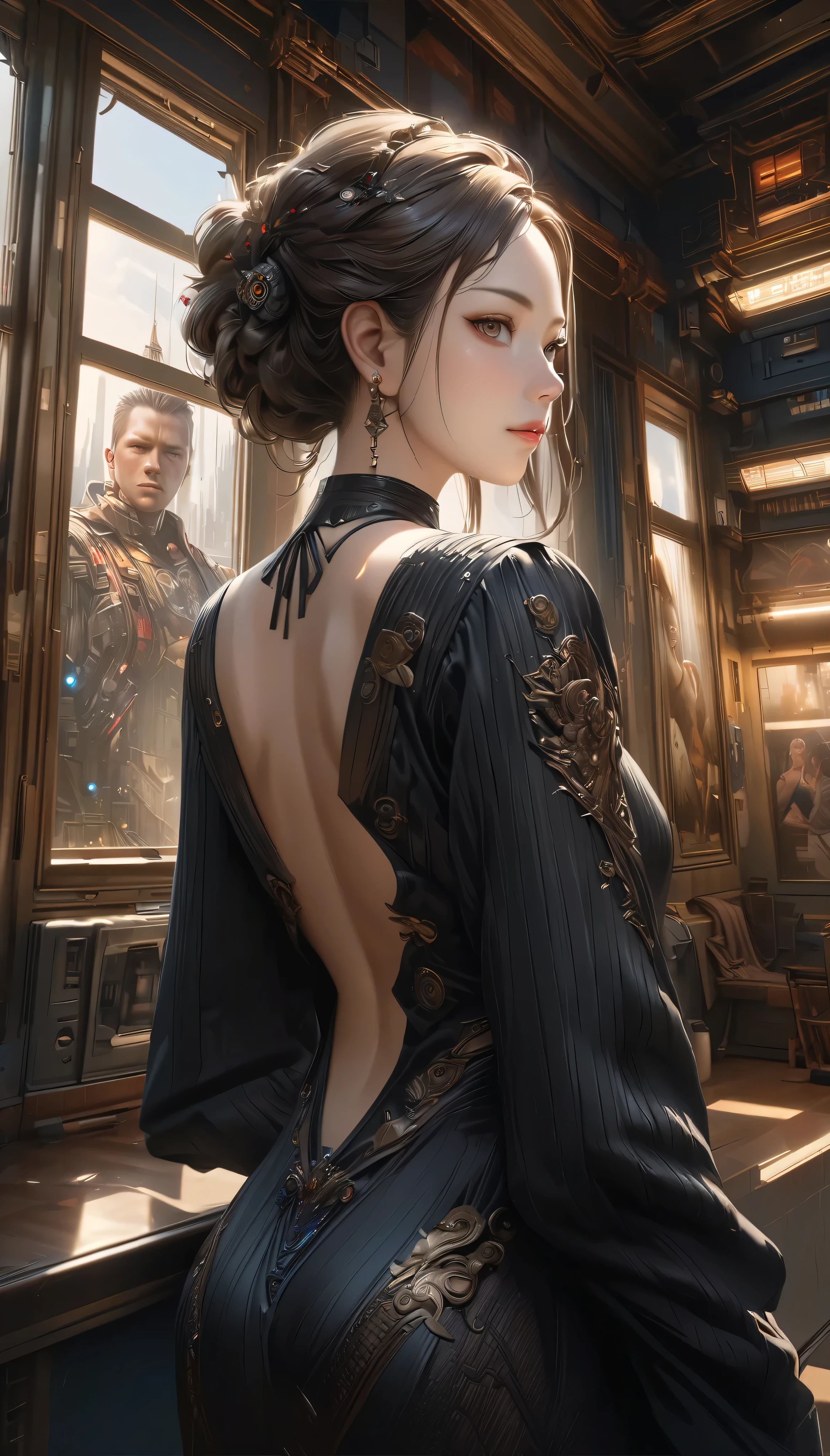 Realistic portraits,  8K Portrait Rendering , Realistic face 、 Black Dress with Empty Back ,  cyberpunk art ultra realistic 8k , hyper-realistic realistic digital art 4K, Realistic digital art invited to a lavishly decorated palace。