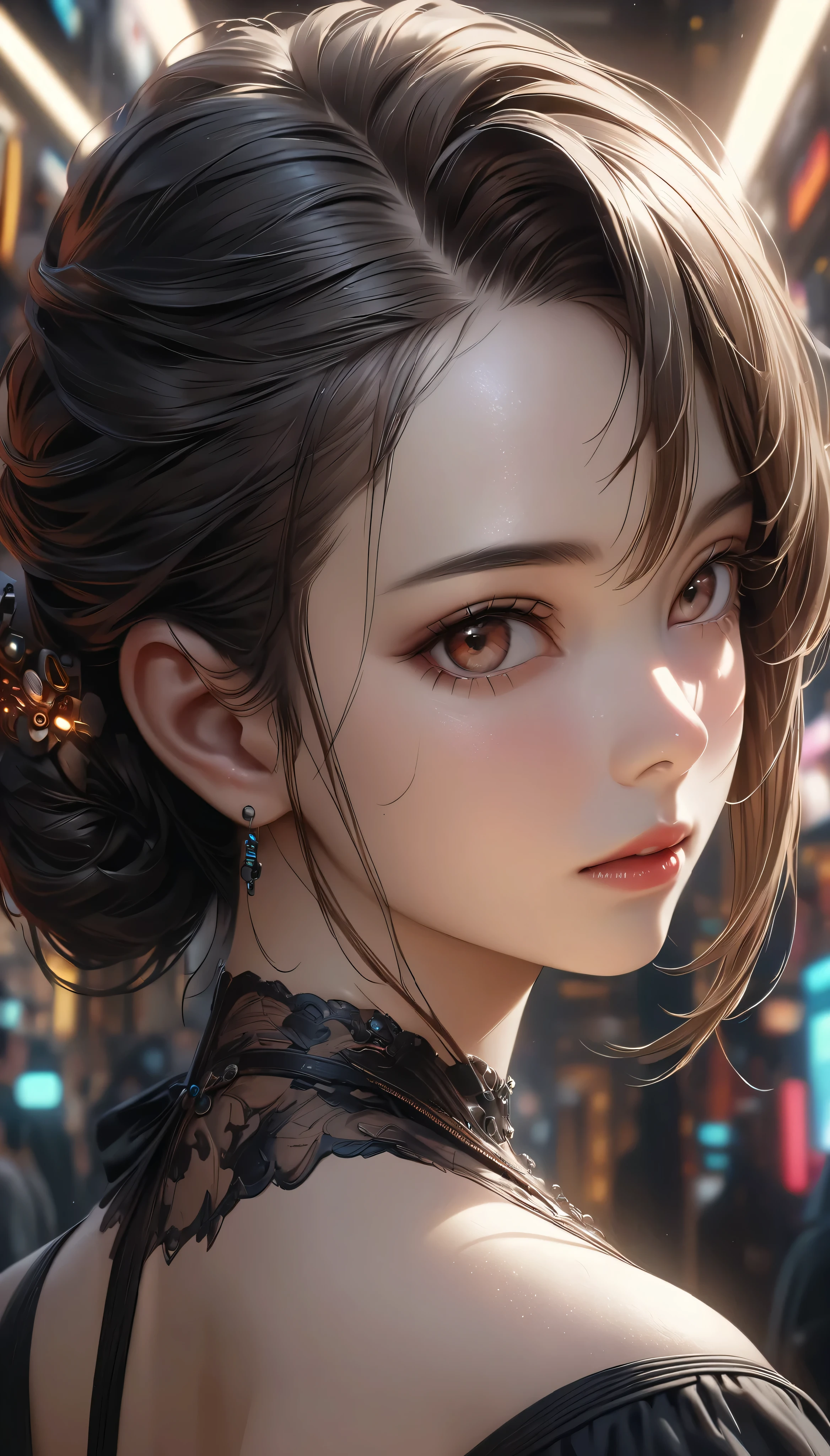 Realistic portraits,  8K Portrait Rendering , Realistic face 、 Black Dress with Empty Back ,  cyberpunk art ultra realistic 8k , hyper-realistic realistic digital art 4K, Realistic digital art invited to a lavishly decorated palace。