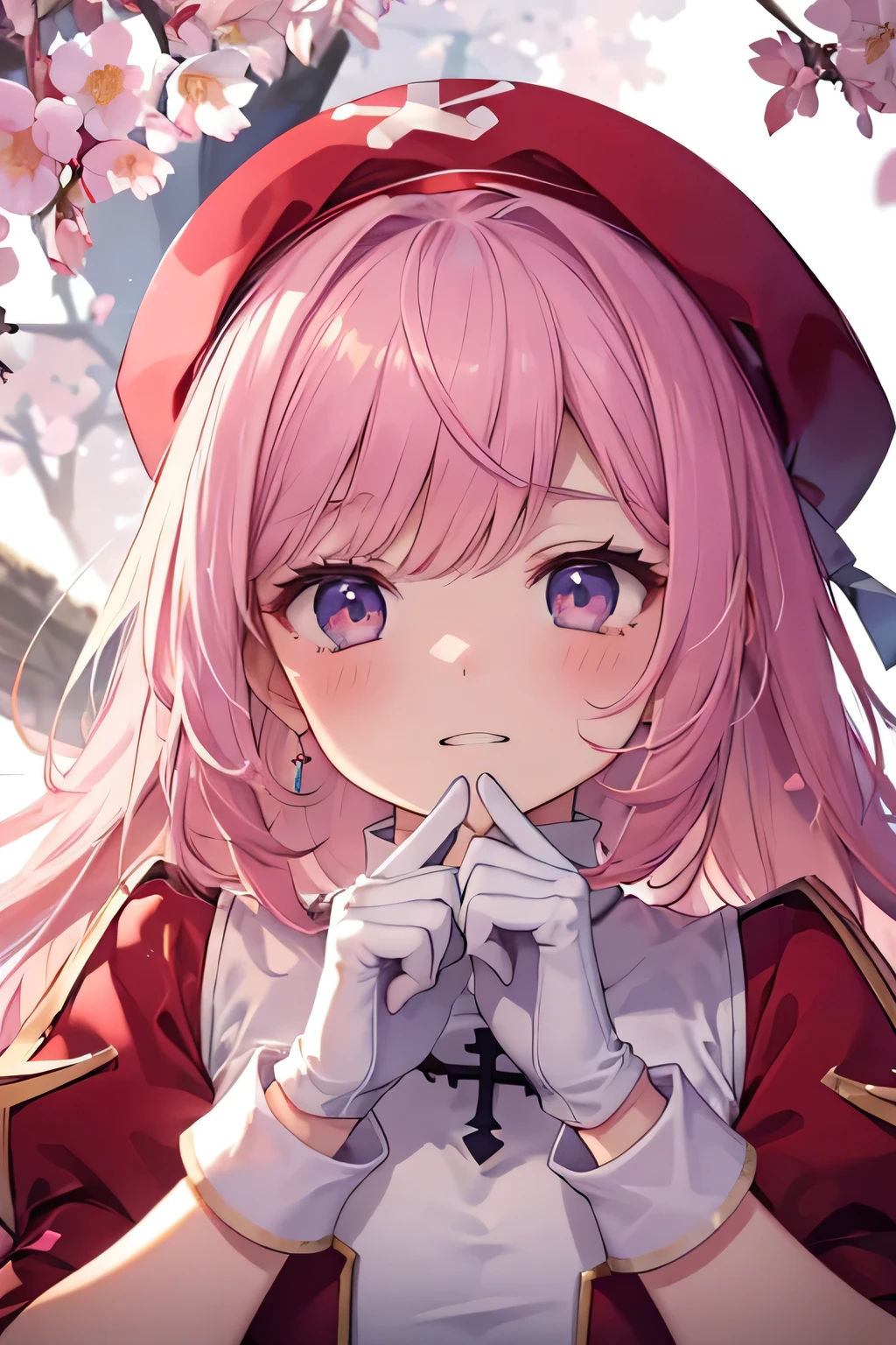 Serious girl ( showing teeth), pink hair color, mmorpg background , mmorpg background (destroyed), complete anatomy, graphic effects , ornament of an accessory shaped like a flower on the head, aura, white beret, white gloves , height 159 cm ( 5 feet 3 inches ), Castea Heal Skill((kanji)( ragnarok online ), fire around, strong breeze , sakura petals and leaves, primera persona, blush, looking at the spectator , Charm, Pausa de toque ciego looking at the spectator , very detailed face , 8K, light and shadow effect.