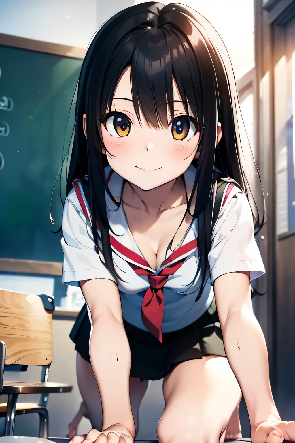 (extremely high quality artwork), (extremely detailed CG 8k), (masterpiece) ,(extremely cute girl), short, (innocent face), ((innocent smile)), shiny hair, (slim body), (small breasts), ((finely detailed beautiful eyes)), (eyes with brightness), (1st person view of a man), look at viewer, ((she give him a handjob)), ((nsfw)), (school uniform), (white sailor suit), black mini skirt, (skirt lift),(sagging down skirt), no panties, thighs, barefoot, beautiful skin, pale skin, shiny skin, (bright color), vibrant colors, natural light, (glare),