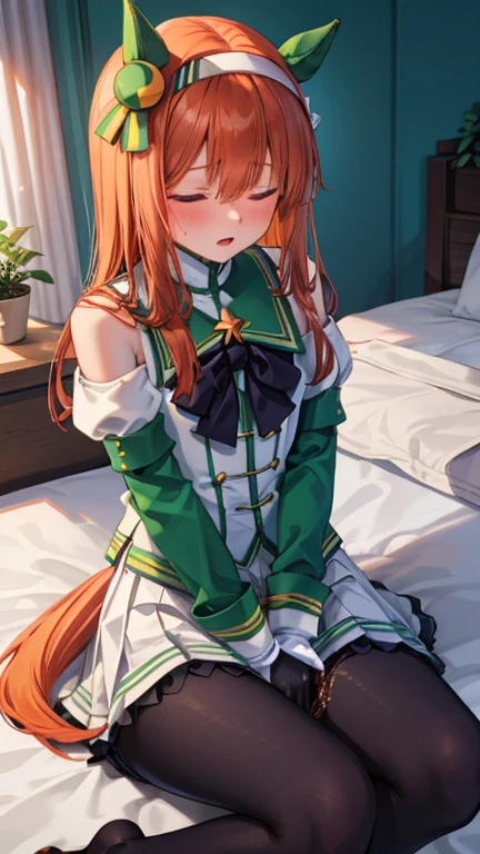 Silence Suzuka、blush,smile、Long Hair、Orange Hair、Horse Girl、Green costume、In uniform、The back is very small、Small breasts、Please show me your armpits、exterior: 、Shoulder Bare、The clavicle is visible、Sexy thighs、Beautiful feet、Usual hairstyle、最high quality, High resolution, ユニティ 8K 壁紙, (shape:0.8), (Beautiful and beautiful eyes:1.6), Highly detailed face, Perfect lighting, Extremely detailed CG, (Perfect hands, Perfect Anatomy),(最high quality,4K,8K,High resolution,masterpiece:1.2)、 (cryin) ,Cute Characters, Most detailed, high quality、(missionary, 1boy, penis, lying, vaginale, ass pov, spread legs, sex, nsfw)、nose blush、steam、Oblique angle、Shiny Hair、Very fine and beautiful bright eyes、be scared、Very detailed, clear and beautiful face,Slender body、Awards, Anatomically correct、((Scared))