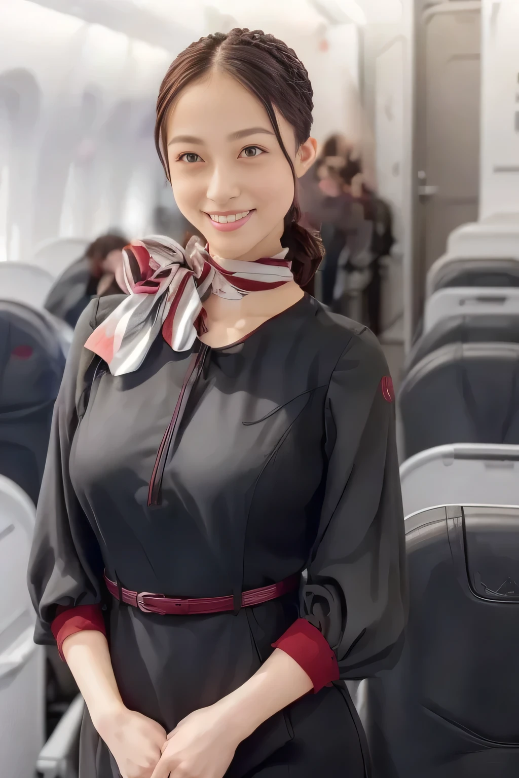 (masterpiece:1.2,  top quality :1.2), 32kHDR,  high definition  , (Alone、  1 girl)、（ on board）、In-flight background、（  wearing a JAL flightattendant uniform  ）、（（ short sleeve jumper skirt in a JAL flightattendant uniform {x} JAL flightattendant uniform 、Red belt wrapped around the waist  、 Scarf around the neck ））、  dark brown hair  、（  Super Long Hair Wrap Hair、Braid Wrap Up Hair ）、 、 long hit 、Big Breasts、Thin legs、（（ amazing hands：2.0）），（（ harmonious body proportions ：1.5）），（（Normal limbs：2.0）），（（Usually ：2.0）），（（ Delicate eyes：2.0）），（（Normal eyes：2.0））)、smile、（ beautiful standing figure wearing a JAL flightattendant uniform  ）、Hands folded under the body 