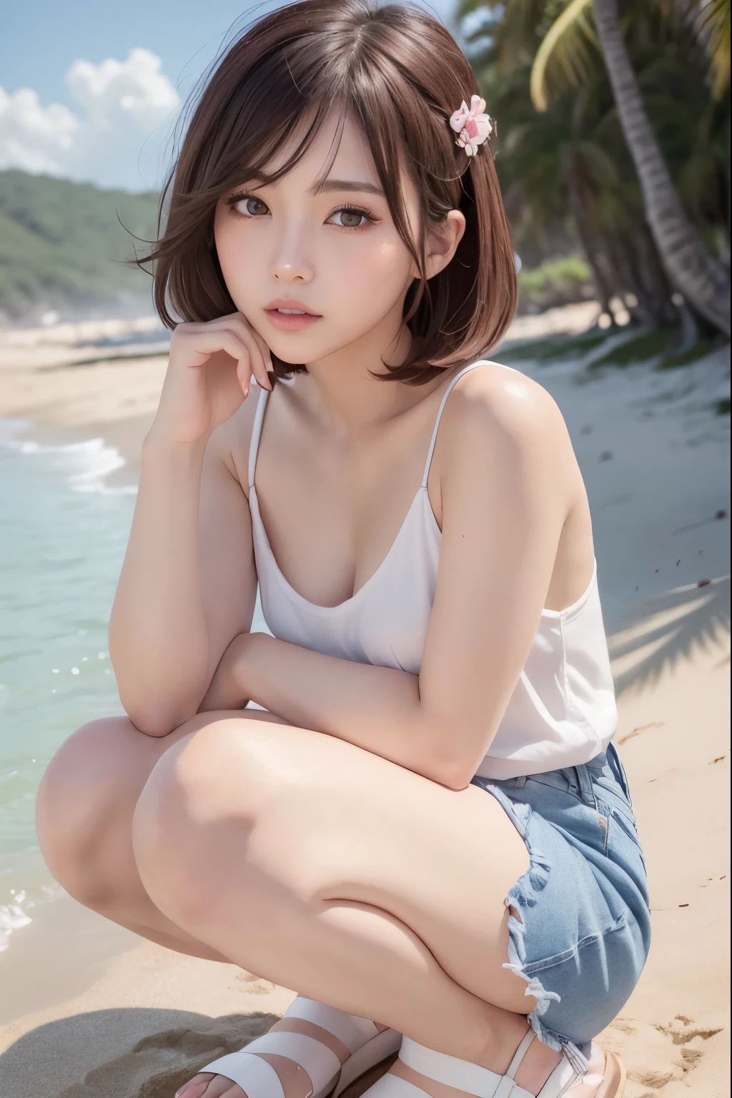 (Best Quality,4K,8K,hight resolution,masutepiece:1.2),Ultra-detailed,(Realistic,Photorealistic,Photorealsitic:1.37), short light brown hair,piercings、a necklace、 female child,Young features、Small face、Light blue eyes、Ultra-thin body、Attractive eyes、Super super small breasts、Full nude, please、 Shy and cute face, Beautiful smile,Cute smile like a 10-year-old child、no-makeup、Please be drawn with a 10-year-old ound is the beach、Full nudity, more beautiful and adorable than anyone else in this world、Lie down and lie down、A pose in which one leg is always raised and the crotch is always open to show the pubic area、Show Beautifully Detailed Attractive Female Genitals、Pubic area of the highest quality、
