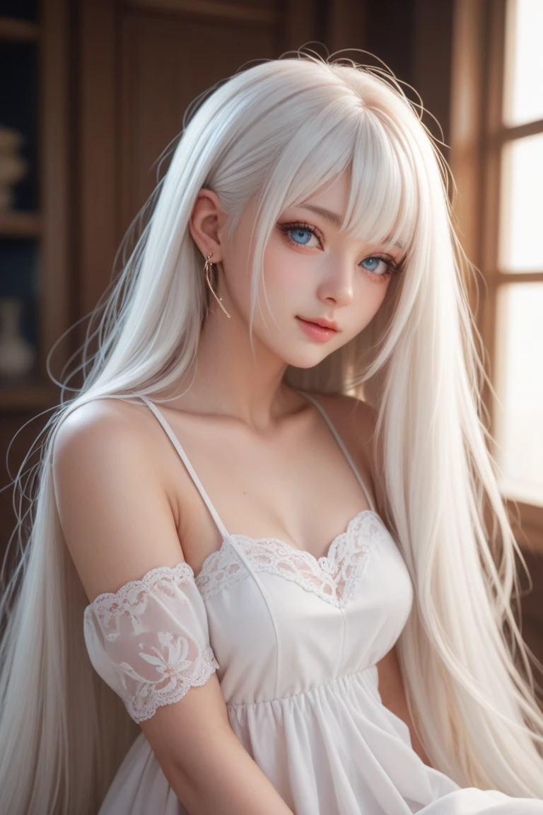 Platinum Blonde Fine Hair、(silver-white hair:1.5), (snow-white hair:1.1), (silver eyes:1.1), Super long silky straight hair, Bangs on the face and eyes, (Gray big eyes:1.1), Sheer White And Wet Nightgown Snow White Summer Dress, Nordic Youth, Perfect bodies, Very nice and cute, White muscles, Glowy skin, Youthful and beautiful skin, Perfect Beautiful Face Makeup, thin pink lips, Vivid expression、1 15-year-old girl, advertisement, Misleading、{Smoke}、Viewer's vision, The perspective of a bokeh atmosphere, more detailed, cinema light, intricately-detailed, hight resolution, Detailed features of the face design, High Details, Clear Focus, smoothness, aesthetics, printed, octans, {{tmasterpiece}}.