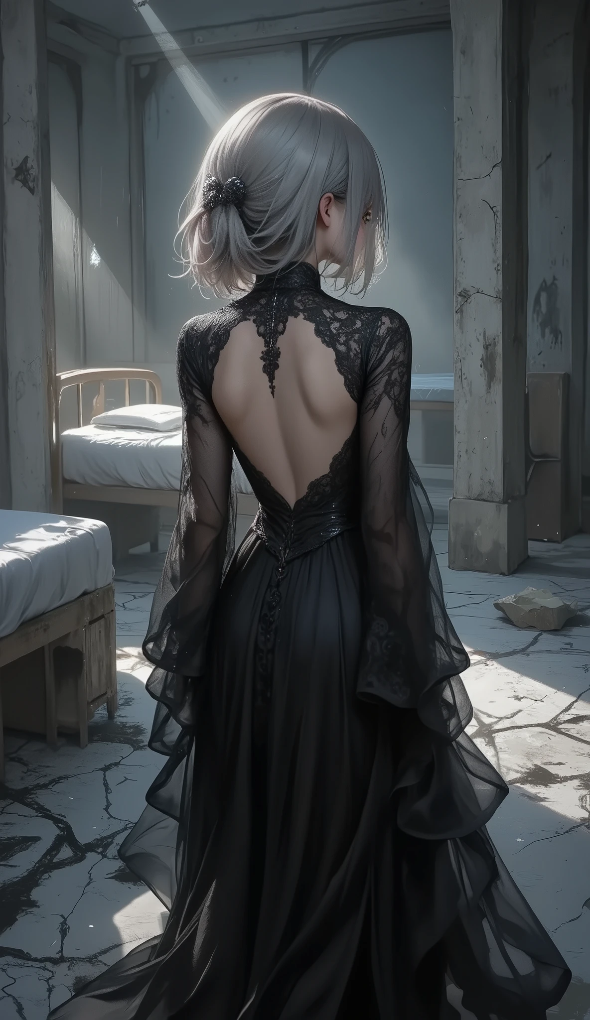 photorealistic,1girl, full body, rear view, silver hair, side ponytail hair, girl close up, dark gothic, glowing dark eyes, intricately detailed black lace dress, backless dress design, flowing fabric with realistic texture, semi-transparent sheer sleeves, delicate lace patterns, faint mist surrounding her, ominous and unsettling, abandoned hospital, cracked walls and floor, broken bed, debris scattered on the ground, dim lighting, eerie atmosphere, soft light casting shadows, realistic fabric reflections, folds and creases of the dress highlighted by lighting, dark gothic and mysterious mood, horror theme, supernatural presence, masterpiece, best quality, 8k, highres, ultra-detailed, HDR, UHD, ultra-fine painting