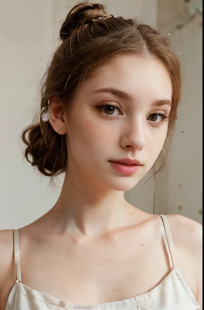 c4r4m3l, looking at viewer, portrait, single hair bun, shirt, <lora:c4r4m3l:0.9>