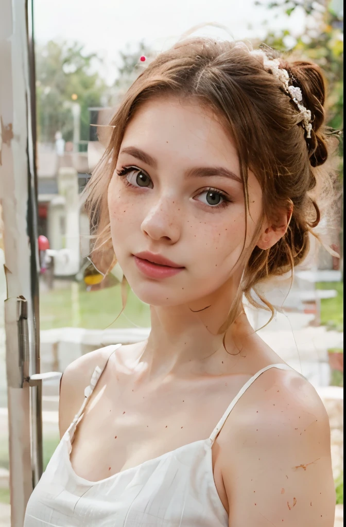 RAW, analog, Nikon Z 85mm, award winning glamour photograph,((best quality)), ((masterpiece)), ((realistic)), 18th century, vintage image, gorgeous French woman wearing, lace dress and corset,  wearing a crown, 25 year old, (long brown hair), hazel eyes, small perky breasts, sitting outside at a Paris caf, eiffel tower in background, petite, ((small breasts)), innocent, flower pedals in the air, ((freckles)), intricate details, highly detailed, sharp focus, professional, 4k, spring flowers blooming, god rays, hand model, stunning blue eyes, petite, delicate, innocent,highres, detailed facial features, high detail, sharp focus, smooth, aesthetic, extremely detailed, photo_\(ultra\), photorealistic, realistic, post-processing, max detail, roughness, real life, ultra realistic, photorealism, photography, 8k uhd, photography, SEMI-SILHOUETTE light, russian face