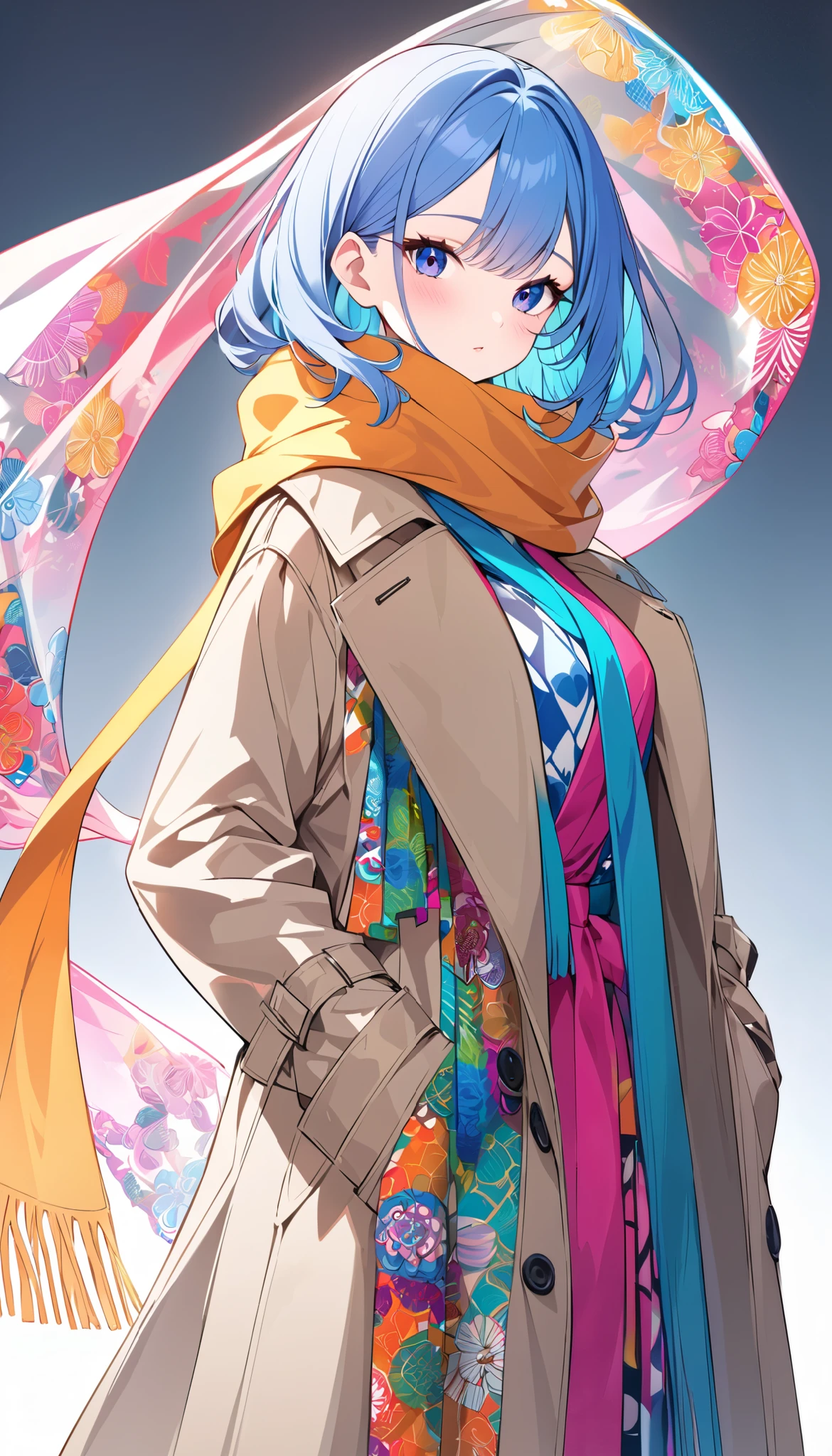 Oversized scarf ,\  thin silk fabric , Transparent, Beautiful and detailed pattern, Colorful,  brightly colored\,  it's wearing a trench coat