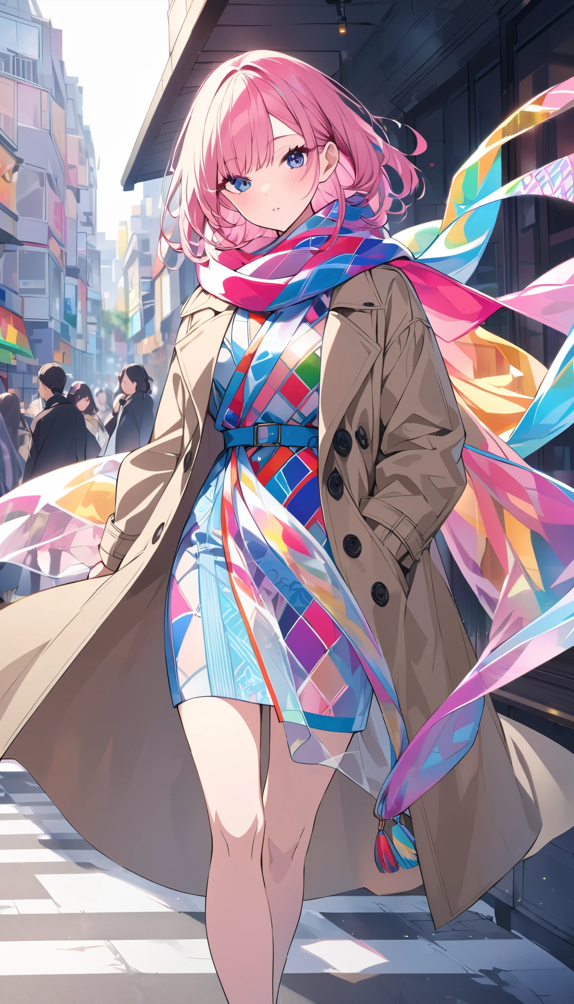 Oversized scarf ,\  thin silk fabric , Transparent, Beautiful and detailed pattern, Colorful,  brightly colored\,  it's wearing a trench coat