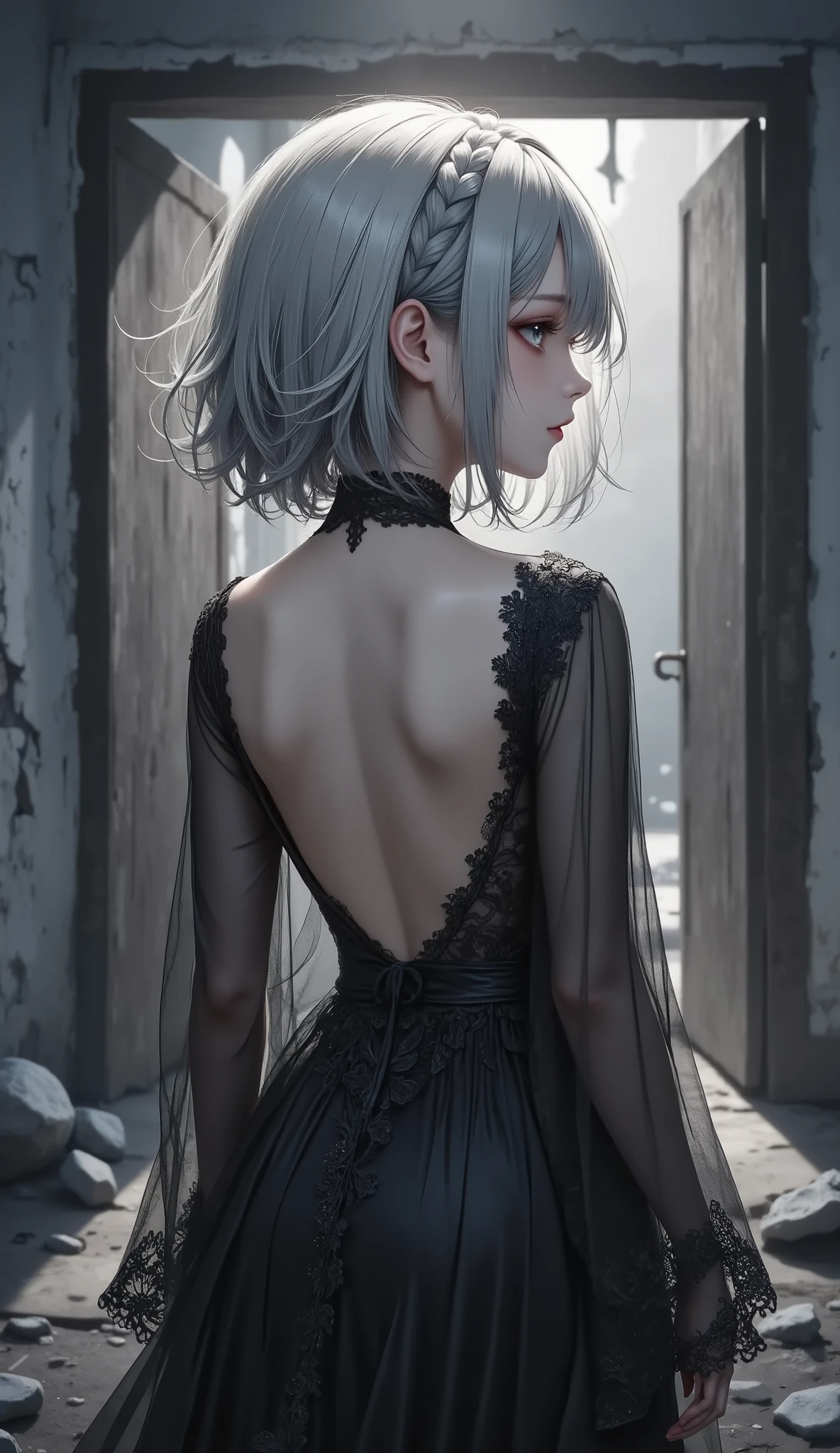 photorealistic,1girl, full body, rear view, silver hair, side ponytail hair, girl close up, dark gothic, glowing dark eyes, intricately detailed black lace dress, backless dress design, flowing fabric with realistic texture, semi-transparent sheer sleeves, delicate lace patterns, faint mist surrounding her, ominous and unsettling, abandoned hospital, cracked walls and floor, broken bed, debris scattered on the ground, dim lighting, eerie atmosphere, soft light casting shadows, realistic fabric reflections, folds and creases of the dress highlighted by lighting, dark gothic and mysterious mood, horror theme, supernatural presence, masterpiece, best quality, 8k, highres, ultra-detailed, HDR, UHD, ultra-fine painting
