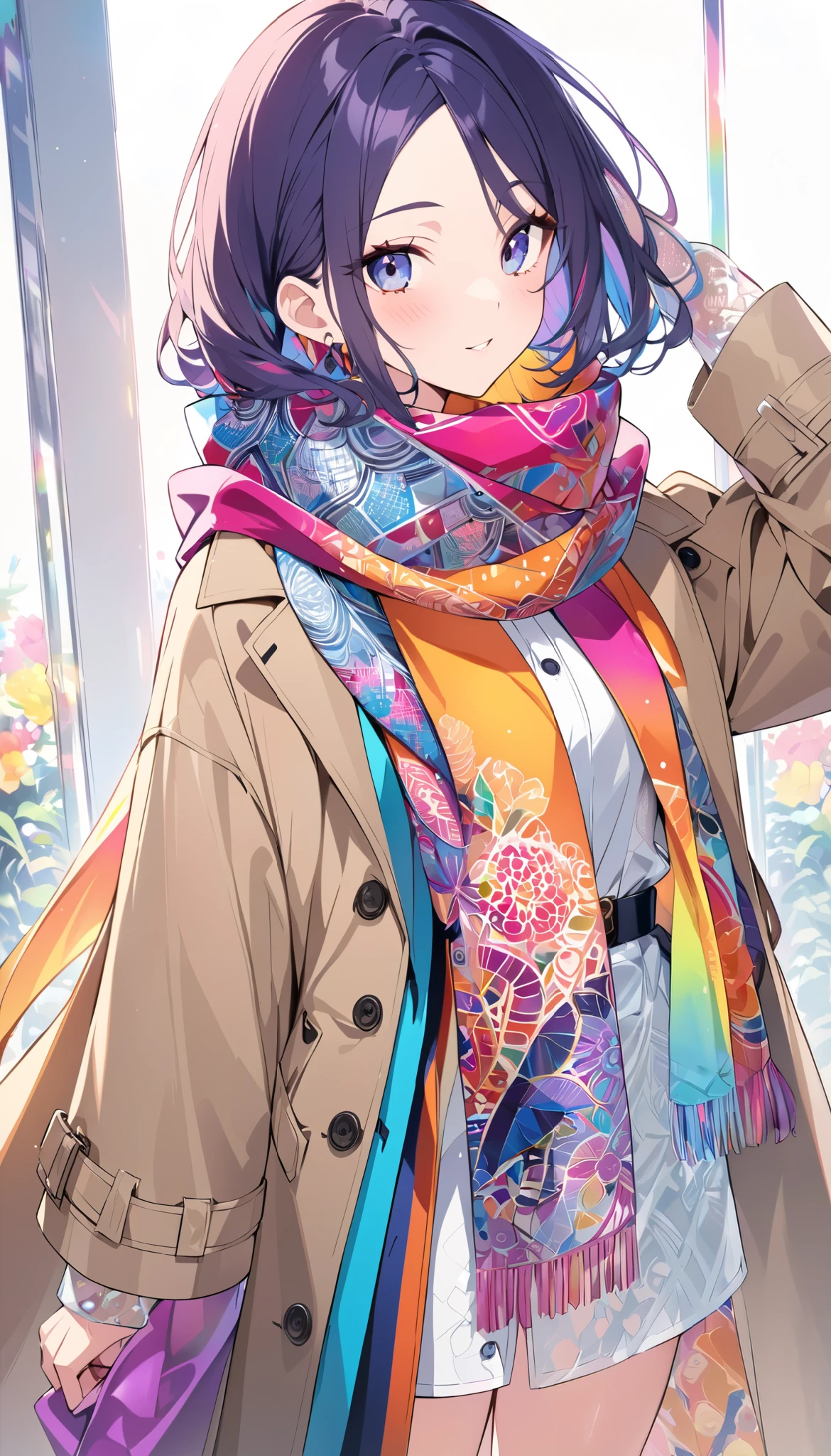 Oversized scarf ,\  thin silk fabric , Transparent, Beautiful and detailed pattern, Colorful,  brightly colored\,  it's wearing a trench coat