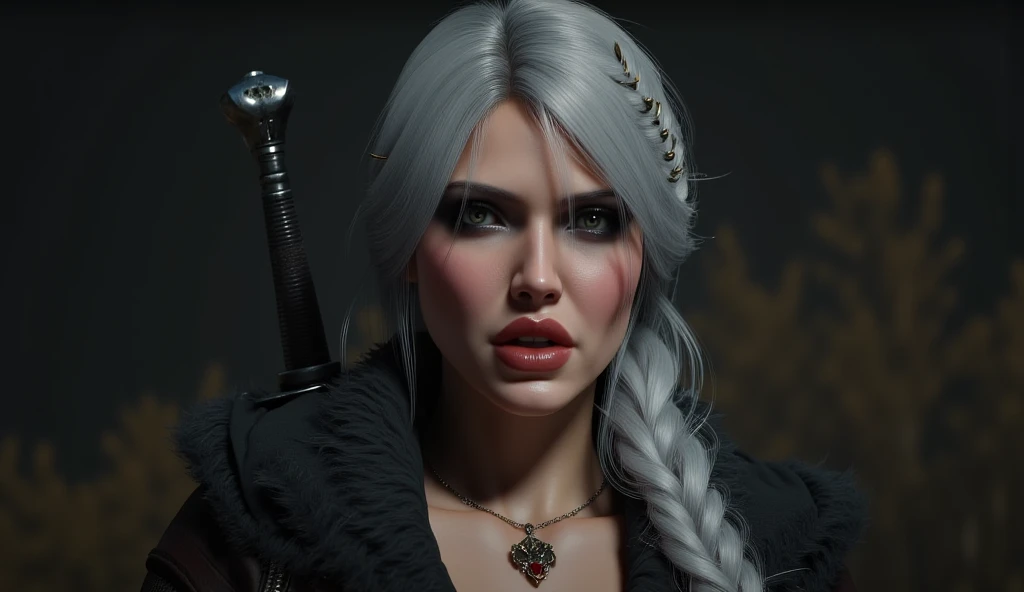 (ultra realistic) (8k quality) (Female Witcher) (Long platinum hair) (MILF) (A very beautiful face) (Cleavage) (Bimbo) (Night) (Bimbo lips) (Blue eyes) (at full height) (sexy pose) (high heels) (big boobs) (sexual facial expression) (witcher cat eyes) (black Armor) (Two witcher swords on his back) (horror wood in backgraund) (Close-up)