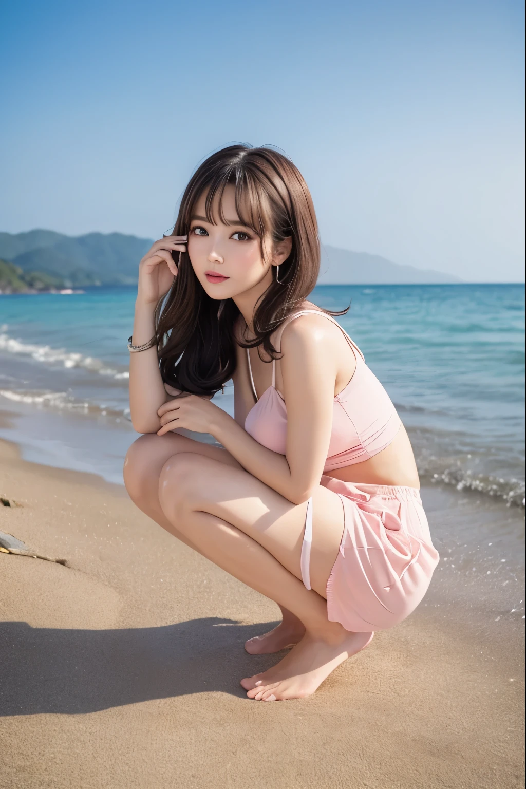 (hyperrealistic), (illustration), (high resolution), (8K), (extremely detailed), (best illustration), (beautiful detailed eyes), (best quality), (super detailed pussy), (masterpiece), (wallpaper), (detailed face), solo, (dynamic pose:1.5), 1 girl, (full body), ( see-through tank-top and mini skirt:1.3), (perky uplifted breasts:1.2), (blush1.2), (straight cutting blunt bangs), (long hair cascading behind her both ears), long legs, tightens abs, (pinky toes), (no panties), (no bra), (at beach side), (below angle:1.3)