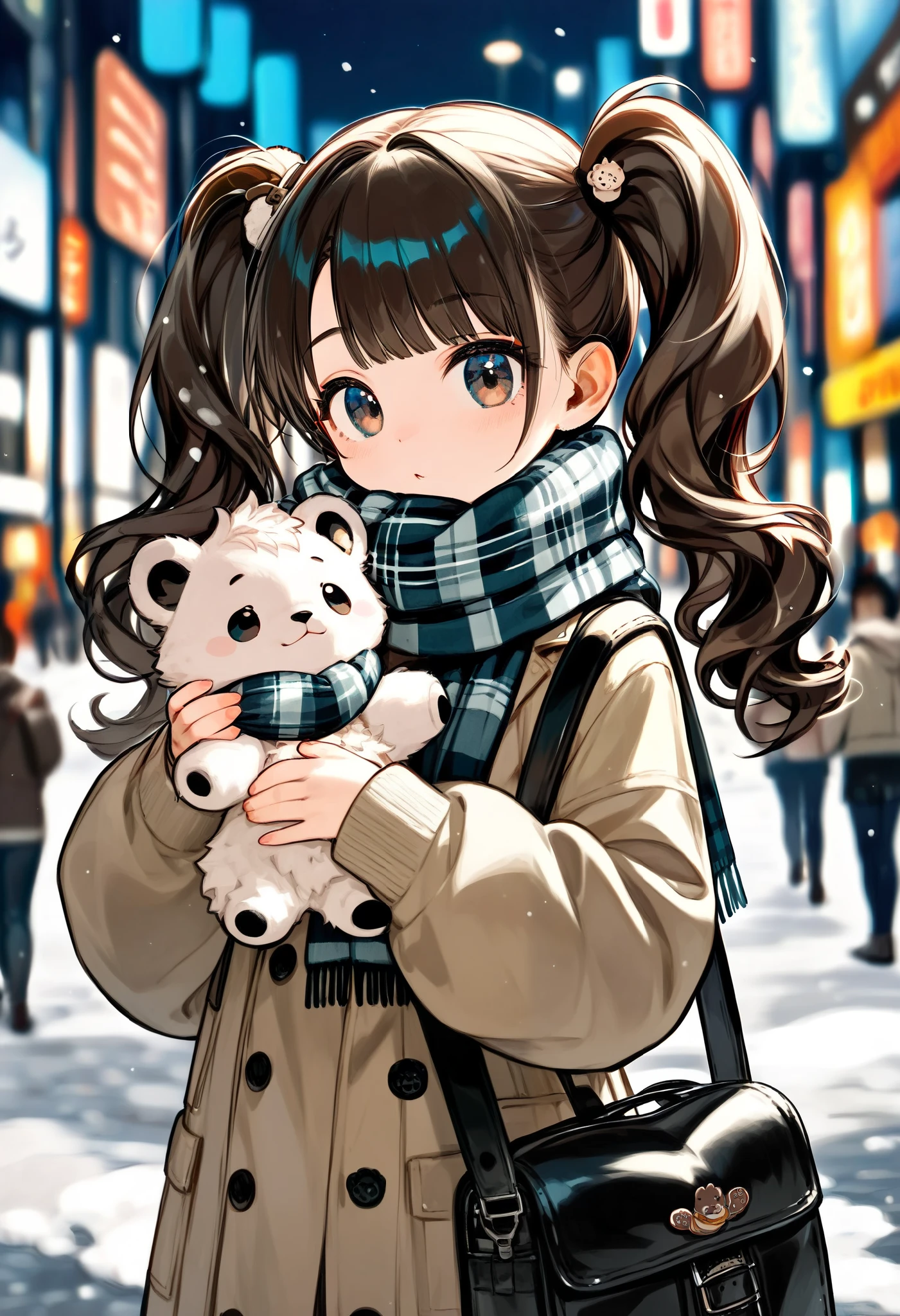 (Japanese teenage girl:1.5), youthful and stylish, wearing a beige trench coat with a belted waist and a white knit turtleneck sweater, (twin ponytails hairstyle:1.3), cute and delicate facial features, holding a black leather shoulder bag with a plush white bear keychain, (fluffy and warm scarf:1.5) wrapped around her neck, soft and natural makeup, cold winter city setting, softly falling snow, pedestrians blurred in the background, urban street environment, muted and neutral color palette, cinematic composition, highly detailed textures, smooth skin, realistic fabric rendering, elegant and modern outfit, glowing natural light,ultra-realistic, photorealistic, cinematic lighting, dramatic scene, shallow depth of field, trk
