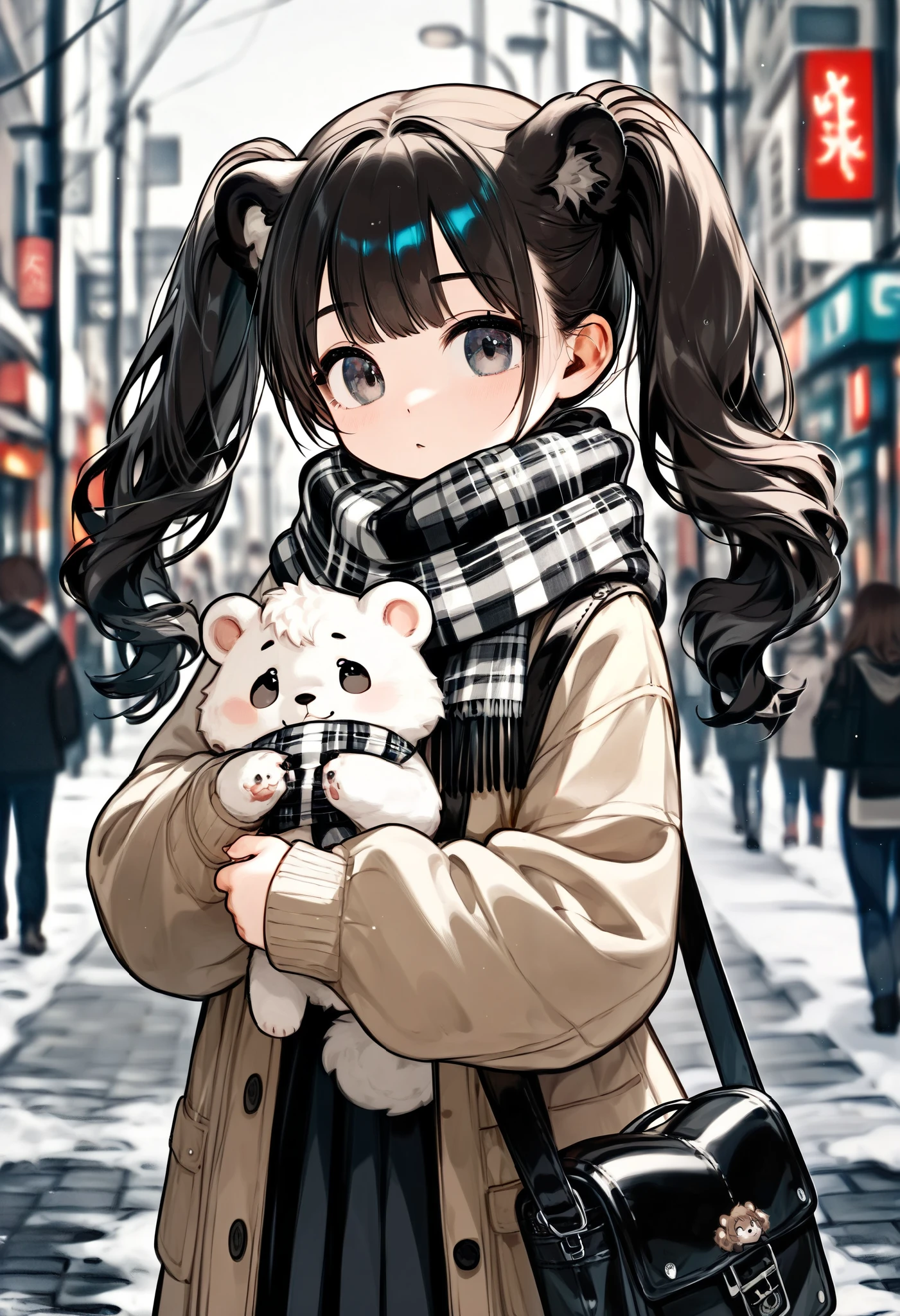 (Japanese teenage girl:1.5), youthful and stylish, wearing a beige trench coat with a belted waist and a white knit turtleneck sweater, (twin ponytails hairstyle:1.3), cute and delicate facial features, holding a black leather shoulder bag with a plush white bear keychain, (fluffy and warm scarf:1.5) wrapped around her neck, soft and natural makeup, cold winter city setting, dark gothic,softly falling snow, pedestrians blurred in the background, urban street environment, muted and neutral color palette, cinematic composition, highly detailed textures, smooth skin, realistic fabric rendering, elegant and modern outfit, glowing natural light,ultra-realistic, photorealistic, cinematic lighting, dramatic scene, shallow depth of field, trk
