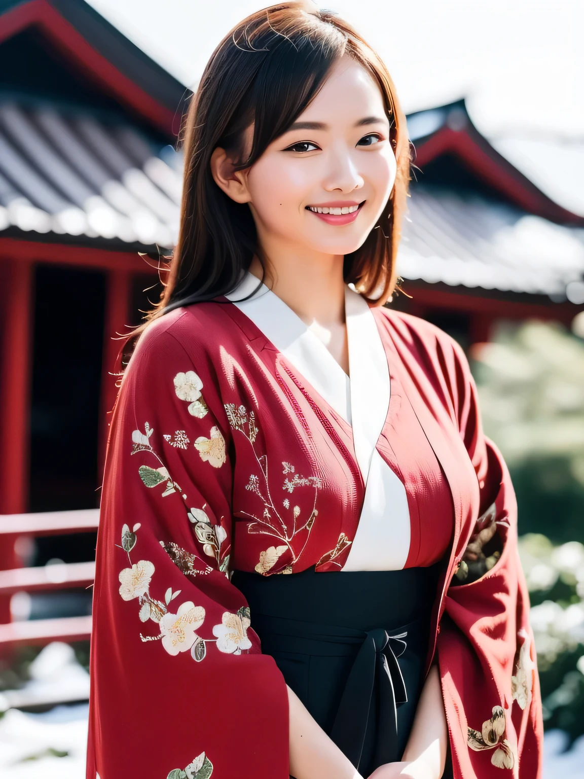 A breathtakingly beautiful 20-year-old woman with a slender physique, dressed in an elegant and luxurious black and red kimono suitable for the Japanese New Year. The background showcases a serene sunrise on New Year's Day, with a traditional Japanese shrine, snow-covered grounds, and vibrant red camellias in full bloom. The scene captures a harmonious blend of traditional beauty and the peaceful atmosphere of a snowy New Year's morning. smiles gently, FRIENDLY. smiles gently, FRIENDLY. ( RAW photos ,  top quality ), ( realistic , photo- realistic :1.4), masterpiece,  extremely delicate and beautiful,  extremely detailed, 2k wallpaper,  amazing on the beach, Detailed description,  extremely detailed CG unity 8k wallpaper,  ULTRA DETAIL,  high res, Soft light,  beautiful detailed girl looking back,  extremely detailed eyes and face,  beautiful detailed nose,  beautiful detailed eyes, cinematic lighting, Perfect Anatomy, slender body.