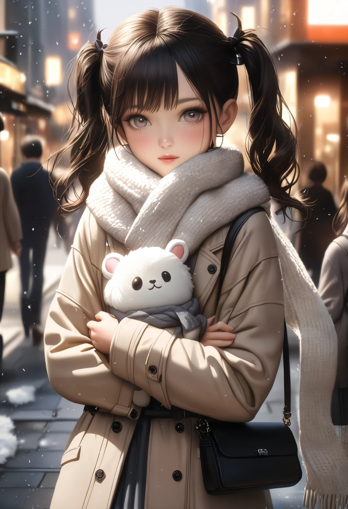 (Japanese teenage girl:1.5), youthful and stylish, wearing a beige trench coat with a belted waist and a white knit turtleneck sweater, (twin ponytails hairstyle:1.3), cute and delicate facial features, holding a black leather shoulder bag with a plush white bear keychain, (fluffy and warm scarf:1.5) wrapped around her neck, soft and natural makeup, cold winter city setting, softly falling snow, pedestrians blurred in the background, urban street environment, muted and neutral color palette, cinematic composition, highly detailed textures, smooth skin, realistic fabric rendering, elegant and modern outfit, glowing natural light,ultra-realistic, photorealistic, cinematic lighting, dramatic scene, shallow depth of field, trk
